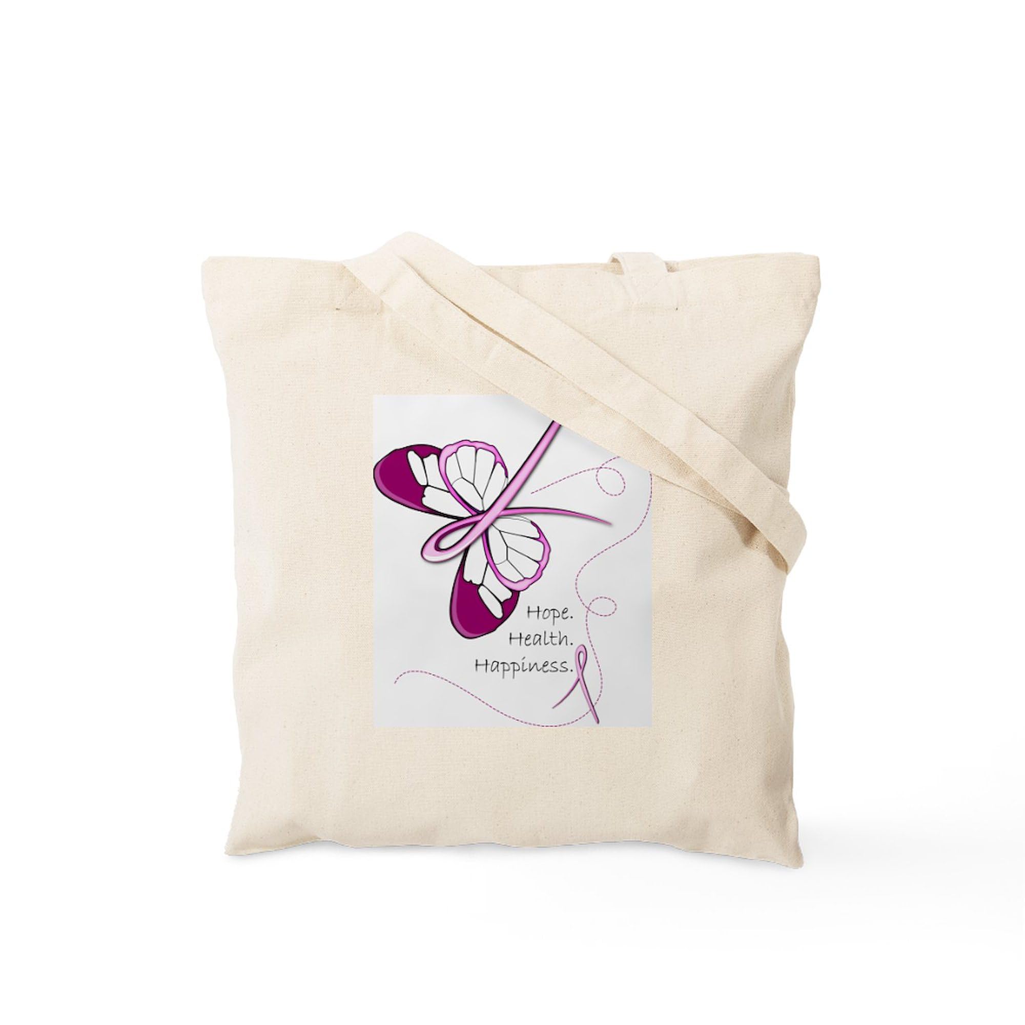 Breast Cancer Awareness Butterfly Tote Bag - Natural Canvas Reusable Shopping Bag for Women | Support Survivors, Grocery Shopping & Beach Day Essentials