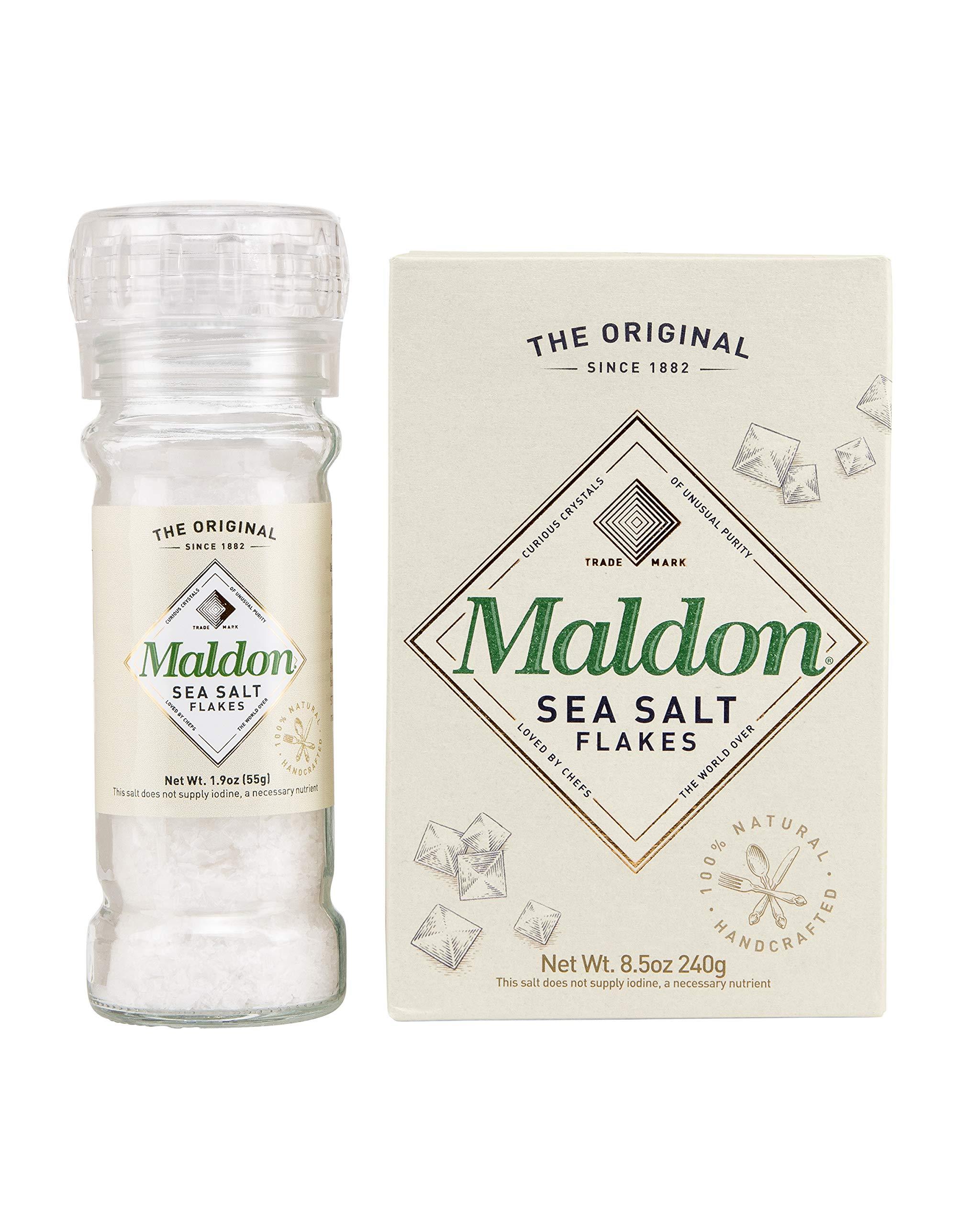 Premium Maldon Sea Salt Grinder - 55g Refillable & Adjustable Kosher Gourmet Salt with Natural Pyramid Crystals - Perfect for Cooking, Baking & Seasoning Dishes