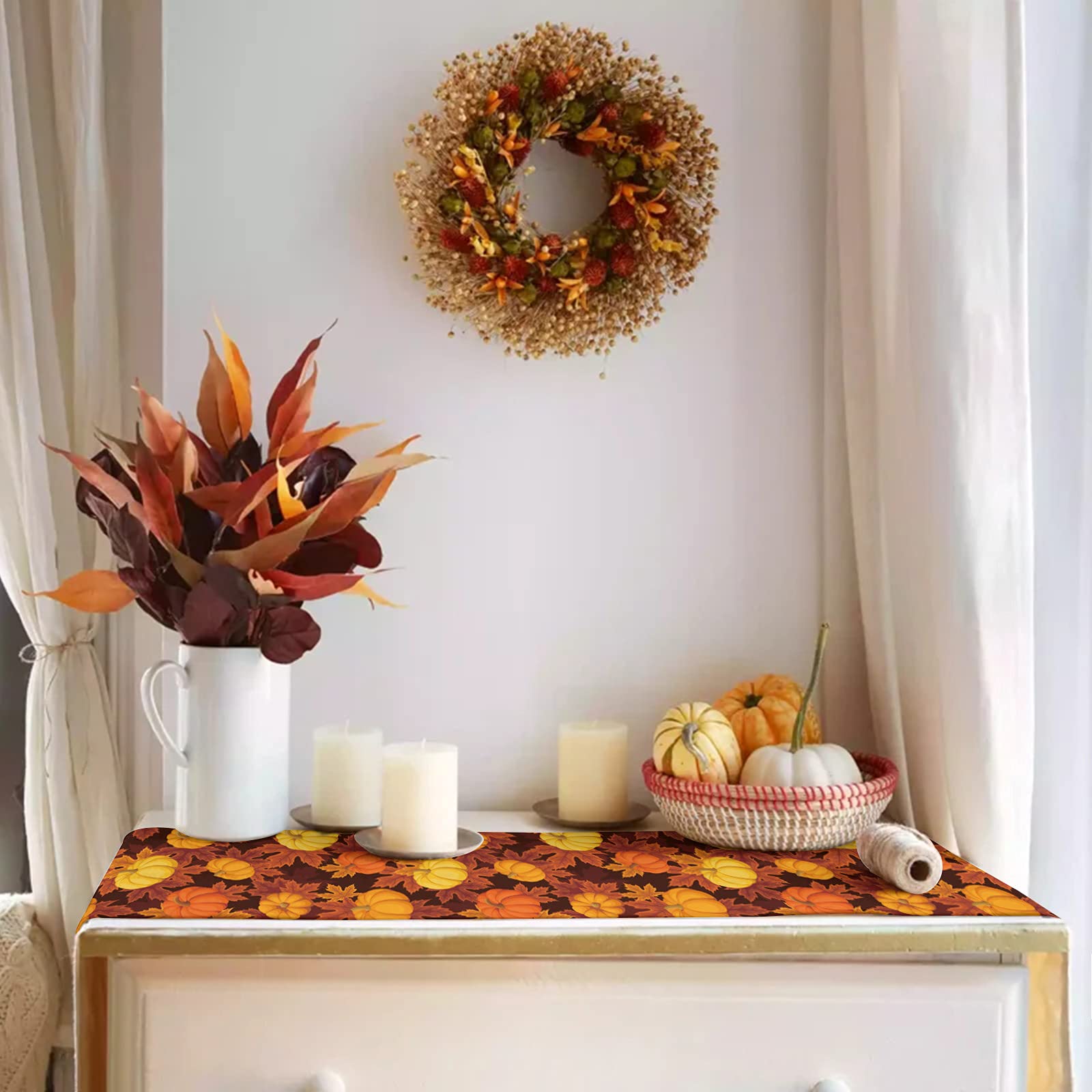 70 Inch Burlap Linen Table Runner - Fall Thanksgiving Decor with Pumpkin Maple Design, Farmhouse Kitchen Dining Table Cover for Autumn, Coffee Table, Wedding & Banquet Decorations | Perfect for Farmhouse, Rustic Weddings & Holiday Dinner Parties
