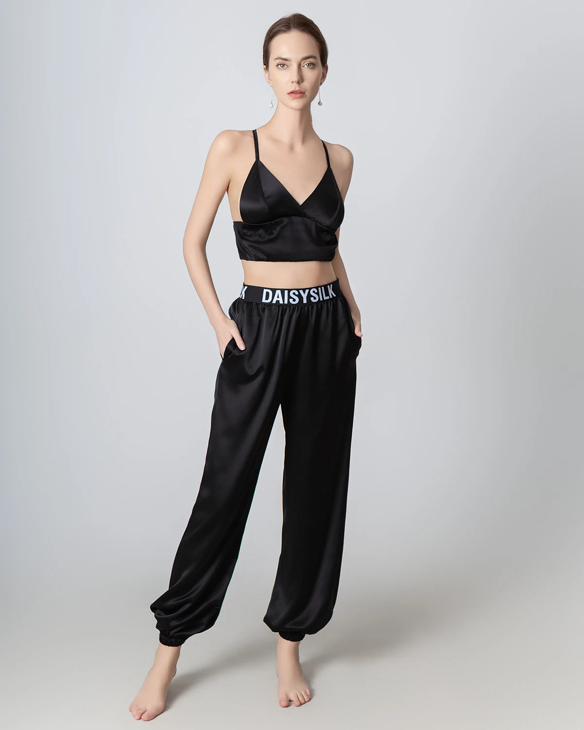 Women's Elastic Waist Loose Fit Silk Pants with Ankle Cuffs - Comfortable Lounge Pajama Pants for Home, Yoga & Travel