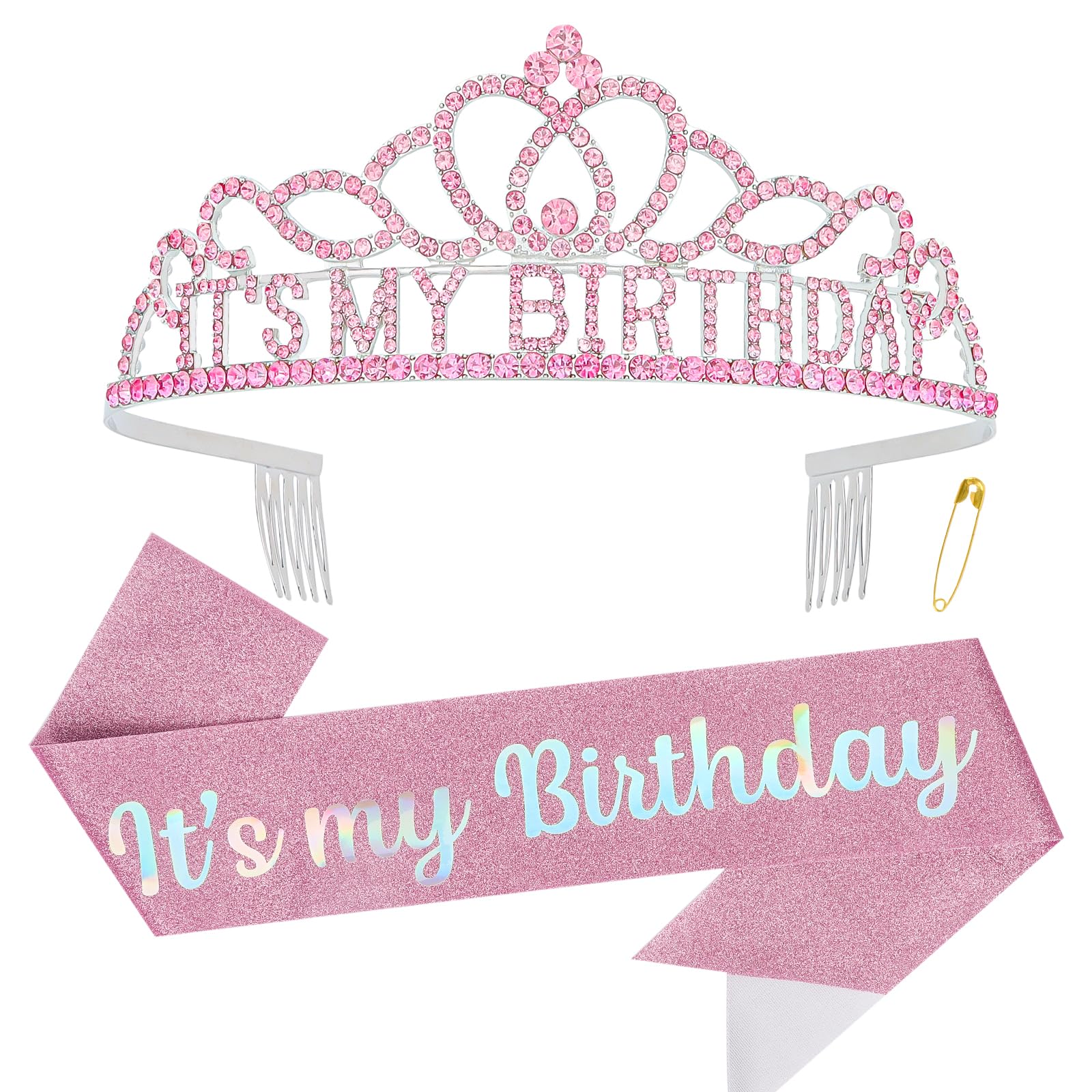 Birthday Crown for Women - Elegant Pink Headband, Sash & Tiara Set with Decorations - Perfect Birthday Girl Gift for Parties, Bachelorette & Special Celebrations