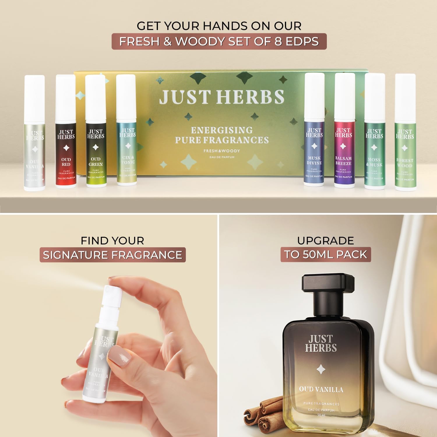 Just Herbs Intense Oud Vanilla EDP Perfume for Men - Long Lasting Fragrance, 50ml | Premium Vanilla & Oud Scent for Date Night, Office & Special Occasions