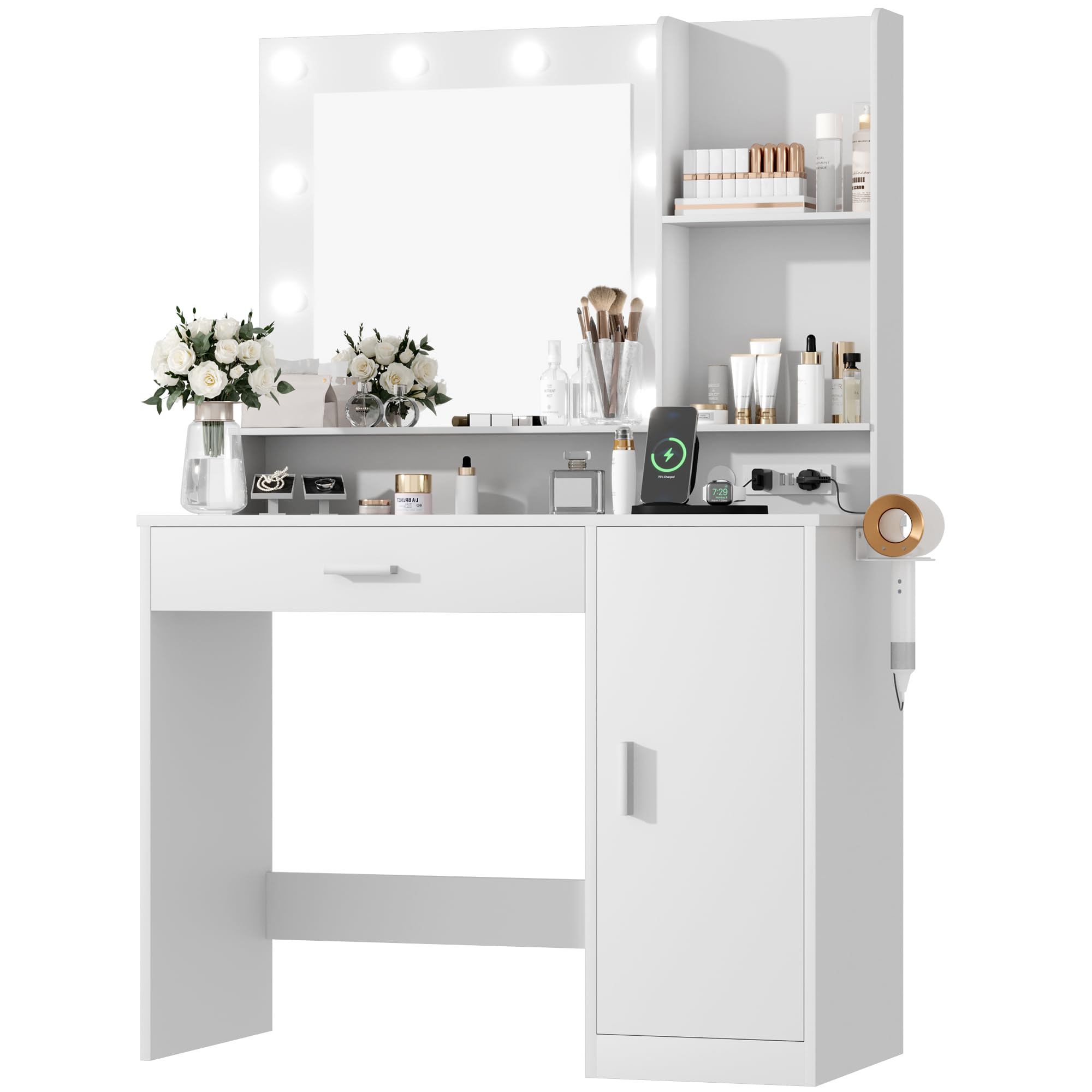 Furmax Vanity Desk with LED Lighted Mirror - 3 Lighting Modes, Built-in Power Outlets, Makeup Dressing Table with Drawers, Storage Cabinet & Open Shelves - Perfect for Bedroom, Dressing Room & Home Salon (White)