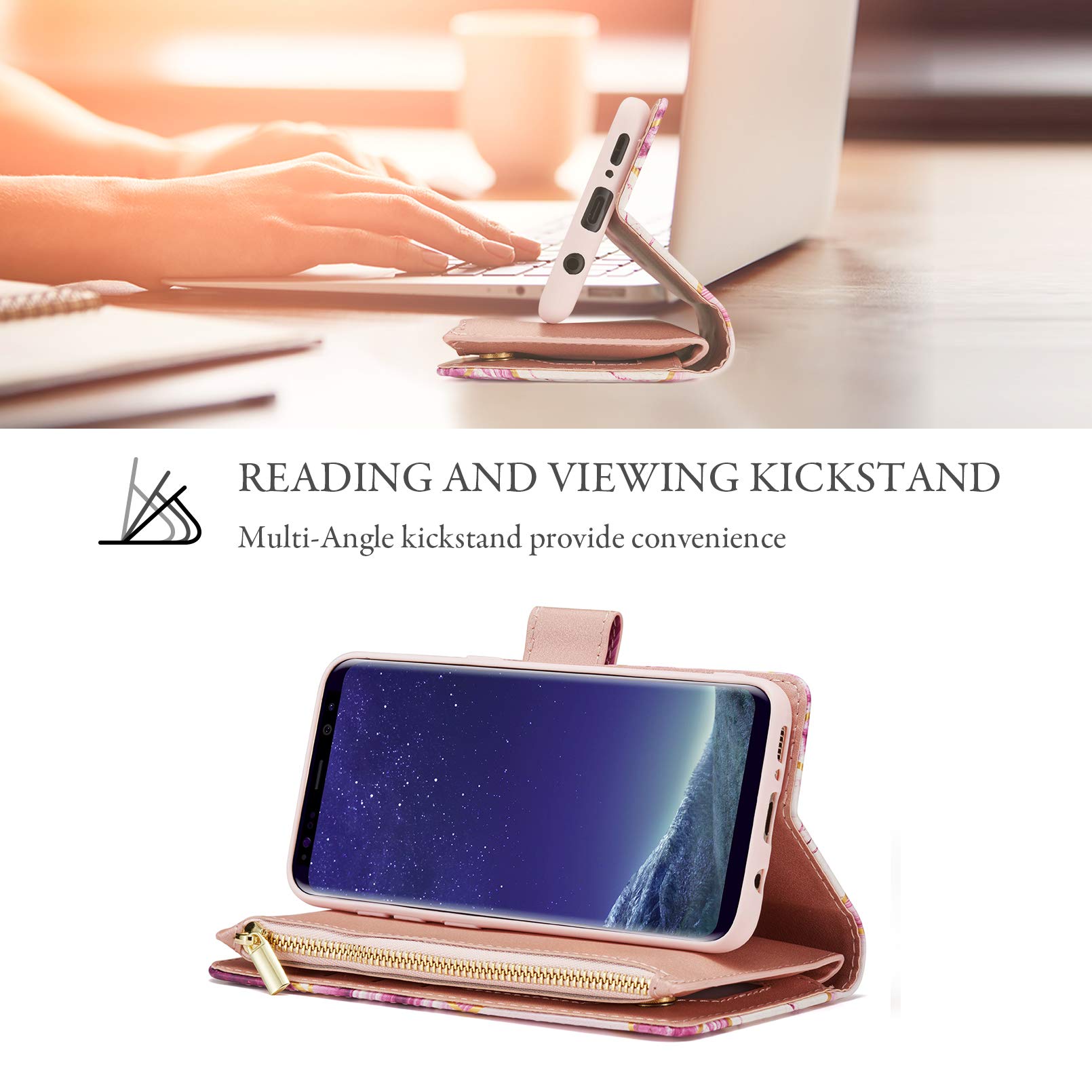 Premium PU Leather Wallet Case for Samsung Galaxy S8 - Geometric Zipper Design with Card Slots, Kickstand & Wrist Strap | Magnetic Closure | Marble Purple | Perfect for Work, Travel & Everyday Use