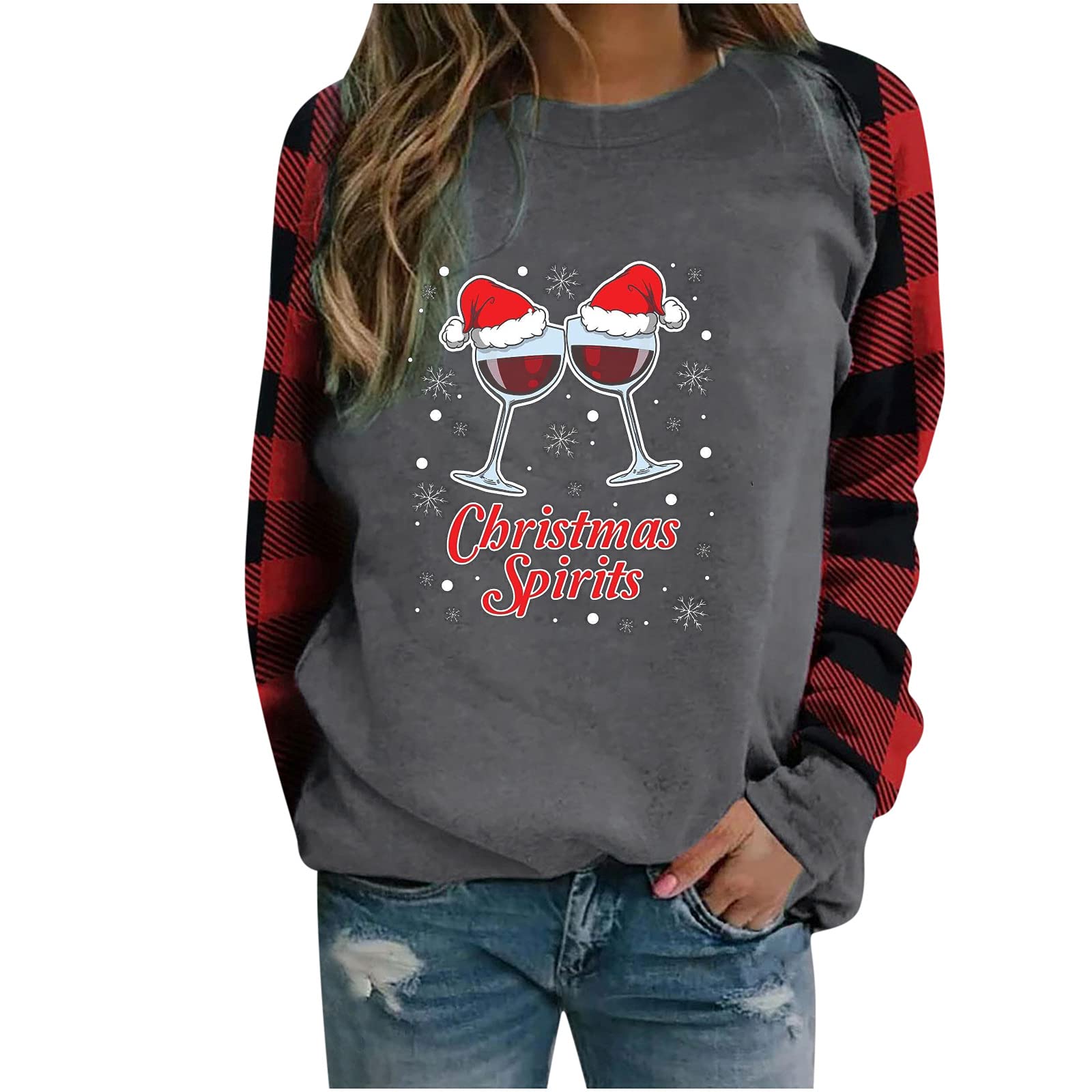 Women's Christmas Long Sleeve Plaid Raglan T-Shirt with Gnome & Snowman Graphic - Casual Crewneck Pullover Sweatshirt for Holiday Parties & Winter Outfits