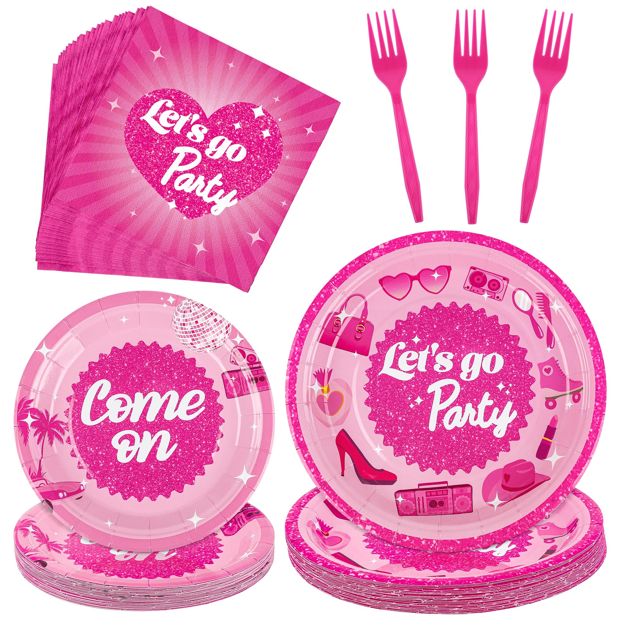 96-Piece Let's Go Party Supplies Set - Hot Pink Disposable Plates, Napkins & Forks for 24 Guests | Bachelorette, Birthday & Disco Party Decorations | Perfect for Girls' Birthday Parties & Celebrations
