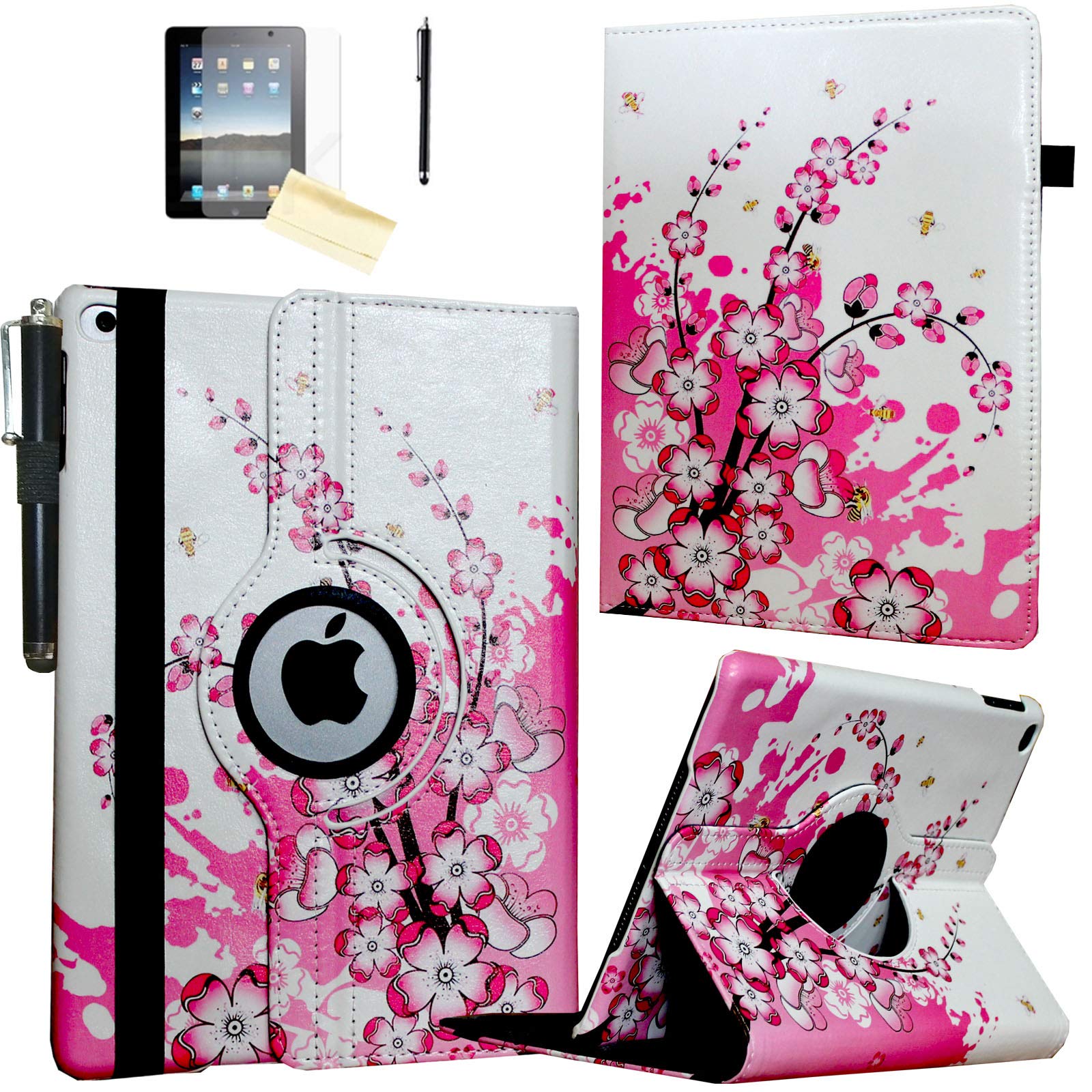 Premium Magnetic Smart Case for iPad Air 1st/2nd Gen (9.7 Inch) - Auto Wake/Sleep Cover with Rotating Stand & Apple Pencil Holder | Compatible with iPad Air A1474 A1475 A1476 A1566 A1567 | Pink White Floral Design | Perfect for Work, Study & Travel Protection