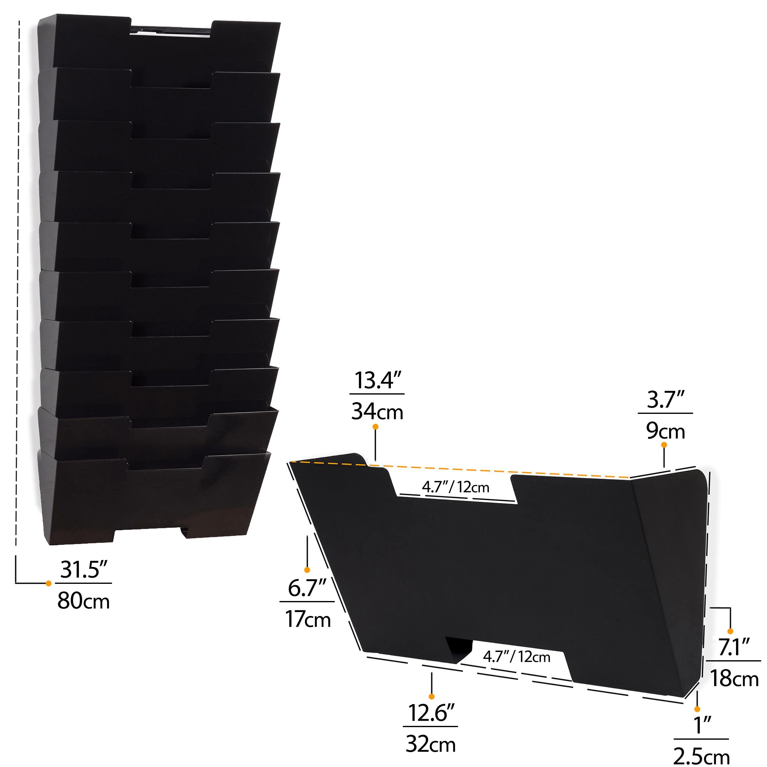 Wallniture Lisbon 10-Tier Wall Mounted File Holder & Desk Organizer - Black Metal Office Storage Rack for Documents, Mail & Supplies - Perfect for Home Office, Classroom & Workspace Organization