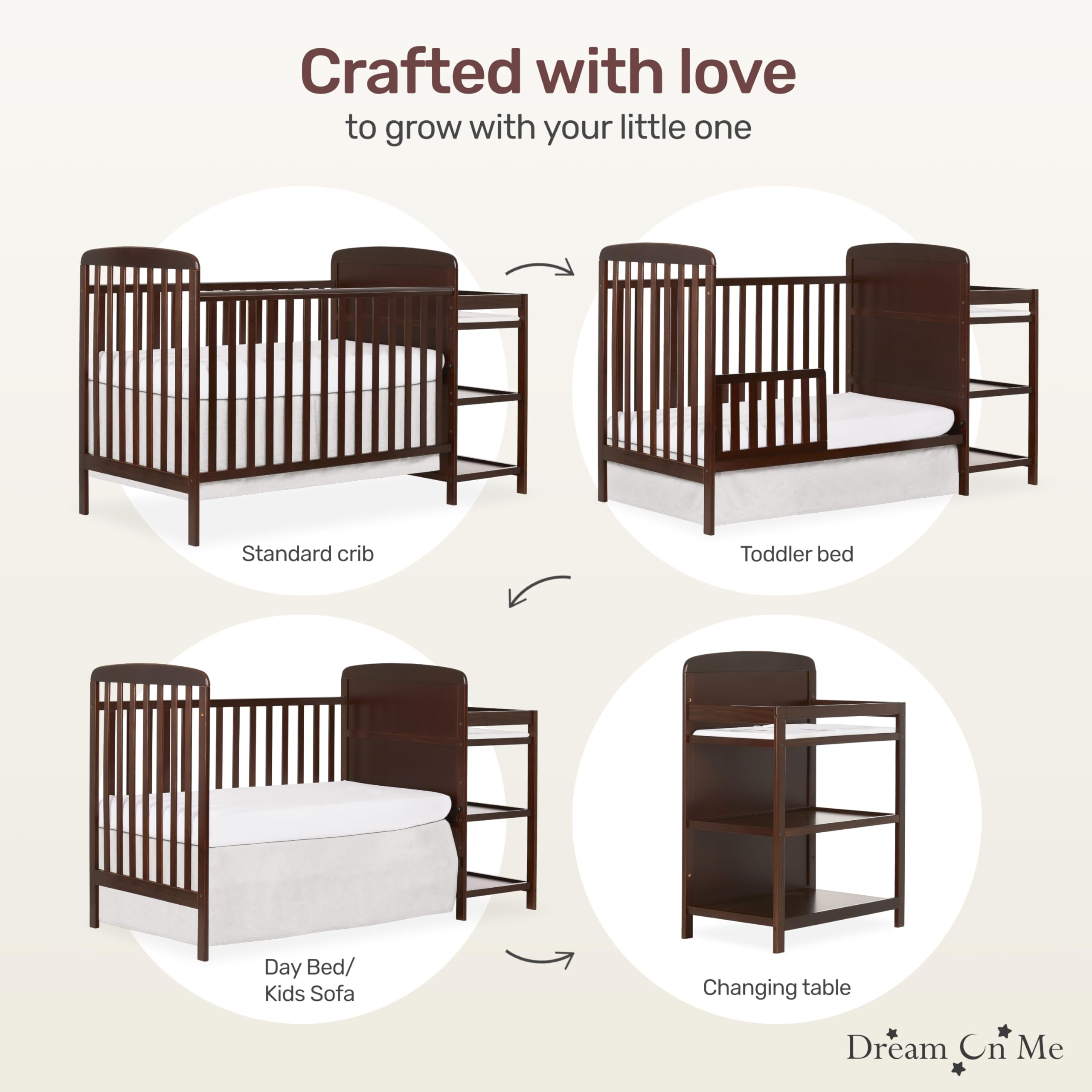 Dream On Me Anna 3-in-1 Convertible Crib with Changing Table - Espresso Finish, Greenguard Gold Certified, Non-Toxic Baby Nursery Furniture Set Includes 1