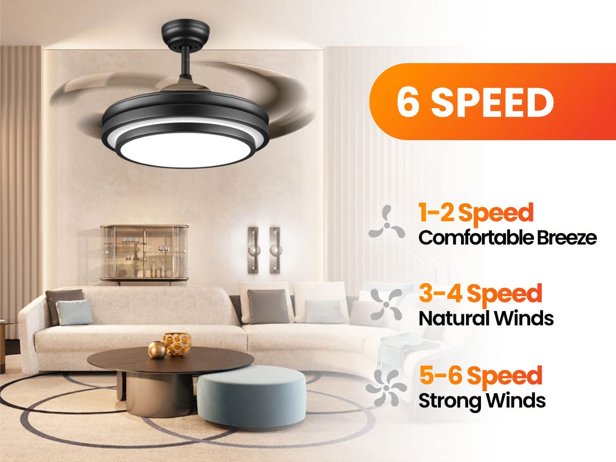 42 Inch Black Modern Ceiling Fan with Lights and Remote Control - 6 Speed Dimmable LED Smart Fandelier, Silent Reversible Blades, APP/WiFi Control for Bedroom, Kitchen, Living Room, Office - Energy Efficient Cooling & Stylish Home Decor