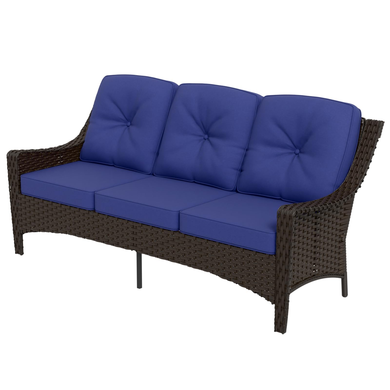 Stone Creek 3-Seater Wicker Patio Sofa Set with Cushions - Outdoor Loveseat Furniture for Backyard, Deck, Porch - Weather-Resistant Brown/Blue Wicker Couch - Perfect for Relaxing, Entertaining & Outdoor Lounging