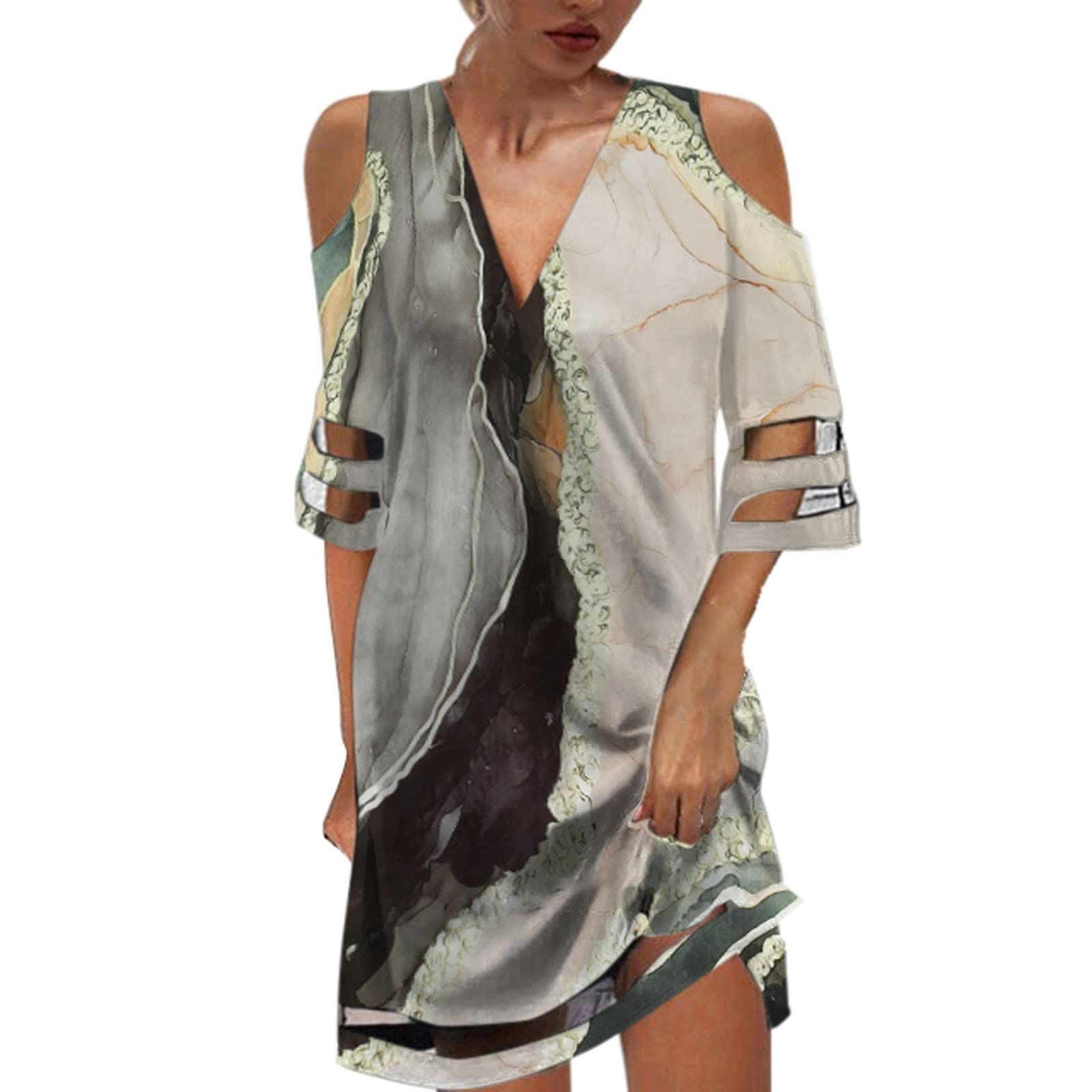 Women's Summer Casual Midi Dress - V Neck Short Sleeve Cold Shoulder Mesh Mini Dress for Beach, Party & Date Night Outfits