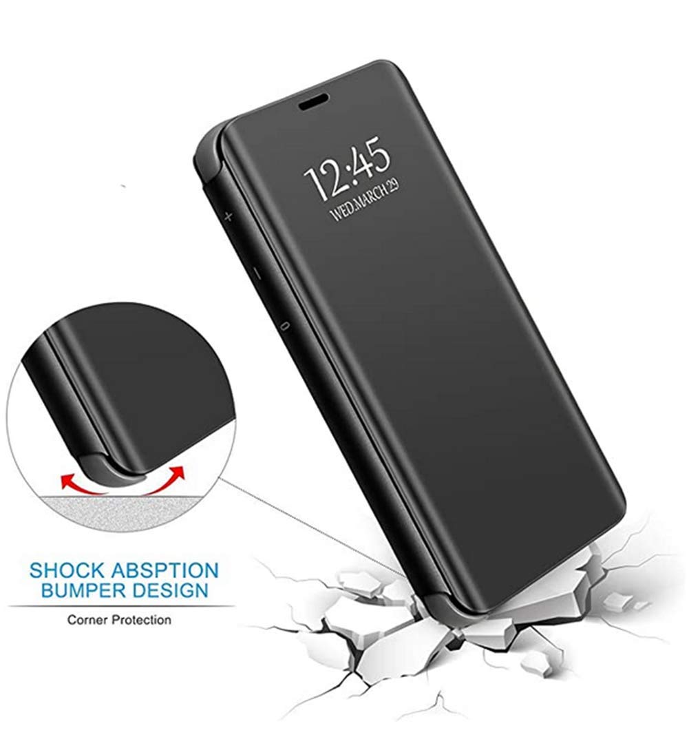 Premium Slim Mirror Flip Case for iPhone 13 Mini - Shockproof Clear View Bookstyle Cover with Kickstand | PU Leather Protective Phone Case (Black) | Perfect for Work, Travel & Everyday Use