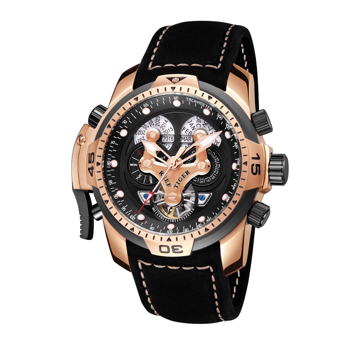 REEF TIGER Men's Military Automatic Watch with Leather Strap - Waterproof Sports Chronograph Watch for Outdoor, Hiking & Everyday Wear (Model RGA3503)