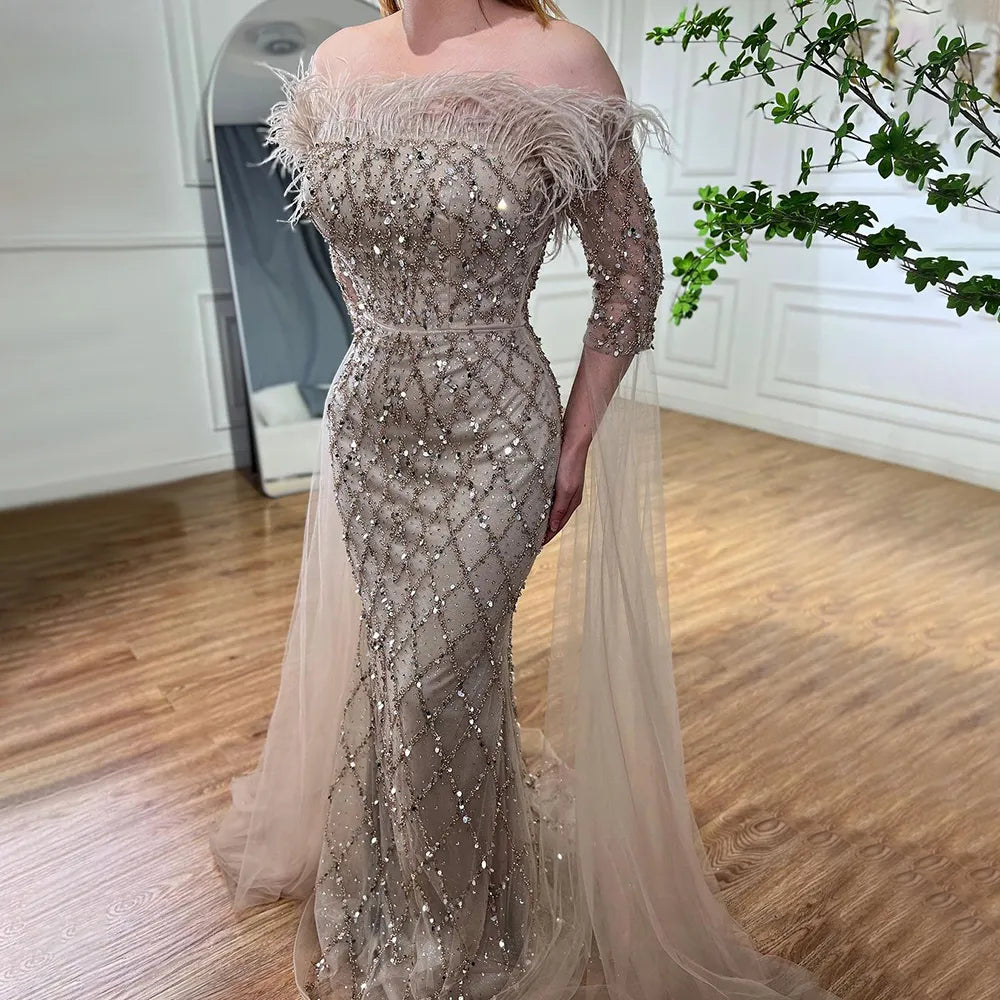 Elegant Turquoise Beaded Mermaid Evening Gown for Women - Dubai Serene Hill Feather Design 2025 Wedding Party Dress LA72169 | Perfect for Formal Events, Galas & Special Occasions