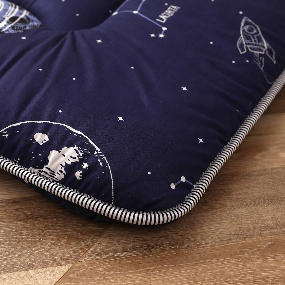 Navy Space Adventure Japanese Floor Futon Mattress - Thick Tatami Mat Sleeping Pad, Foldable Bed Roll for Kids & Adults - Twin Size Floor Lounger for Bedroom, Living Room & Travel