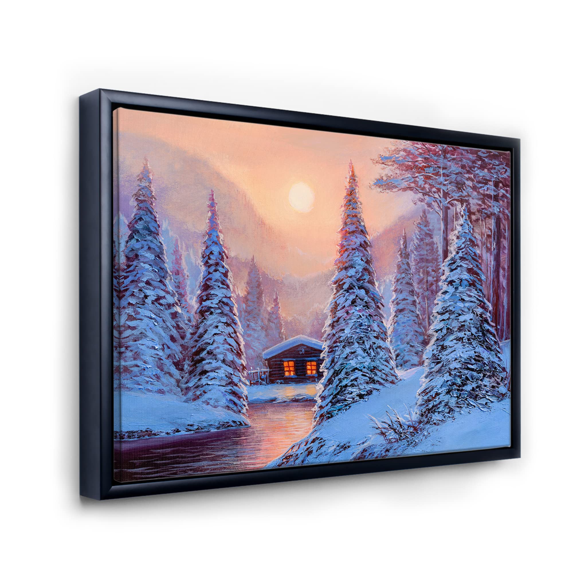 Winter Landscape & River House in the Woods Framed Canvas Wall Art Print - Lake House Decor for Living Room, Bedroom & Office