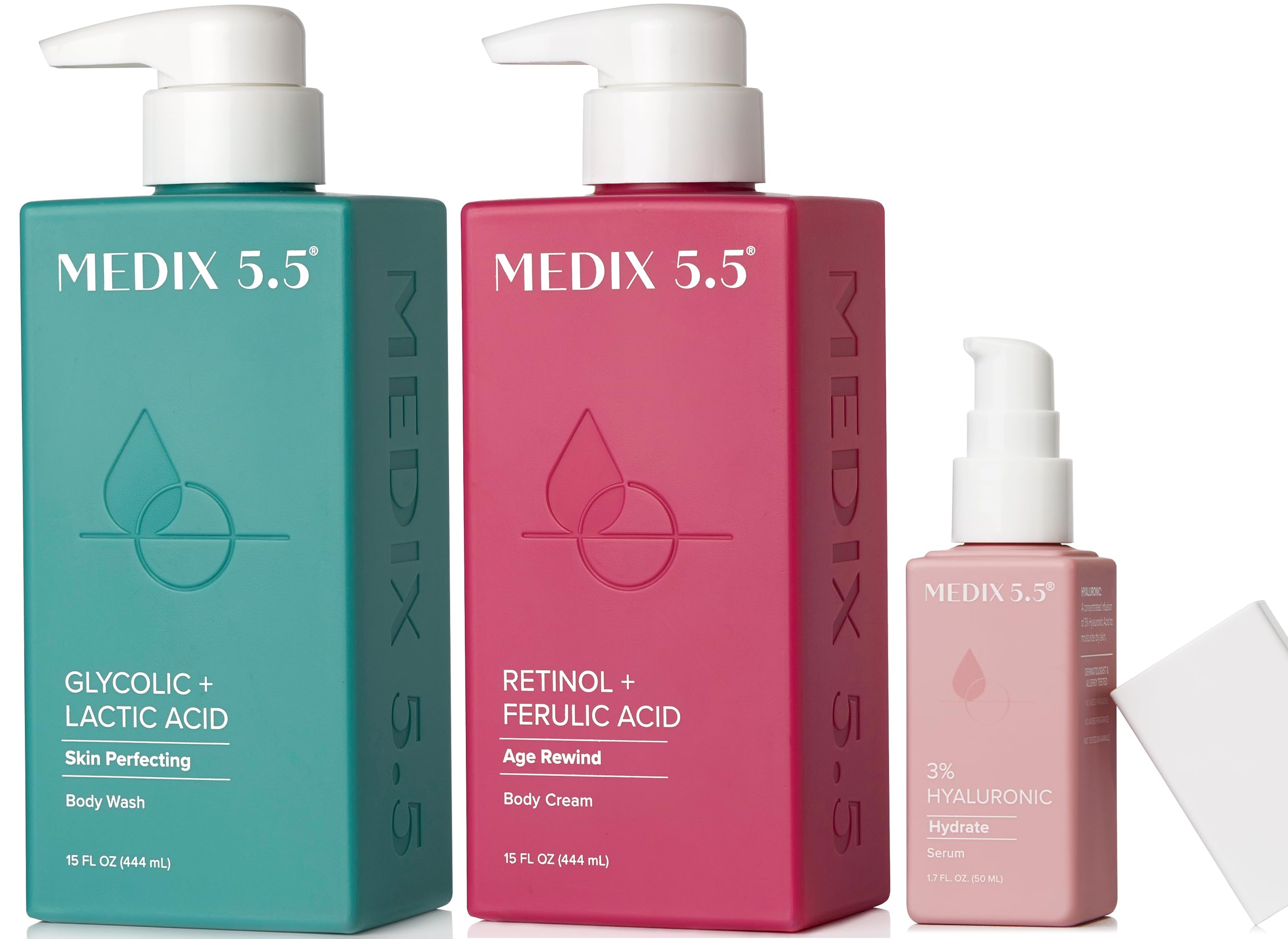 Medix 5.5 Anti-Aging Skincare Set - Retinol Body Cream, Glycolic Acid Face & Body Wash, Hyaluronic Acid Serum | 3-Piece Routine for Wrinkles, Dry Skin & Youthful Glow | Perfect for Nighttime Skincare & Spa Days