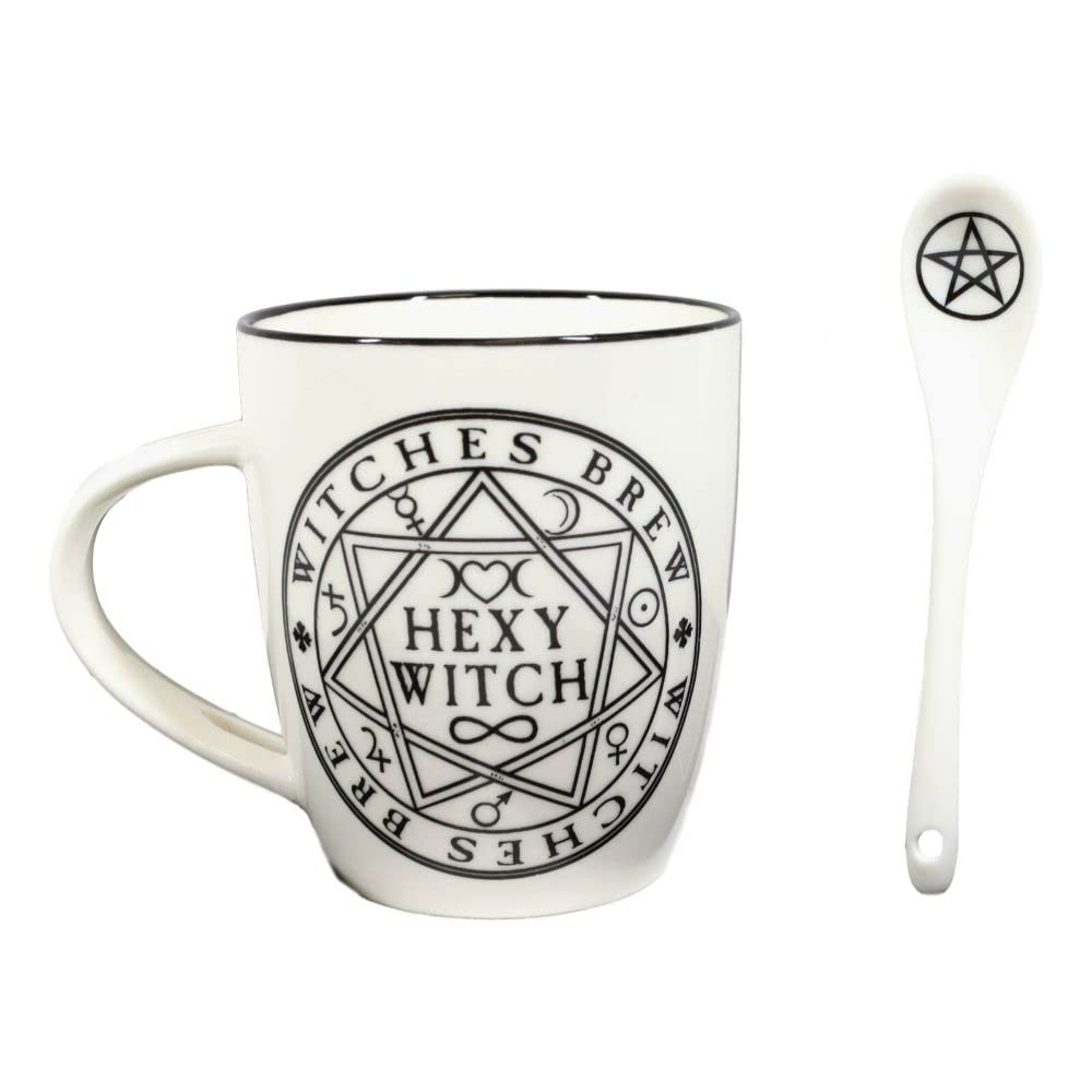 Witchy Coffee Mug Set with Pentacle Symbols & Spoon - Perfect for Witches Brew, Pagan Rituals & Gothic Kitchen Decor