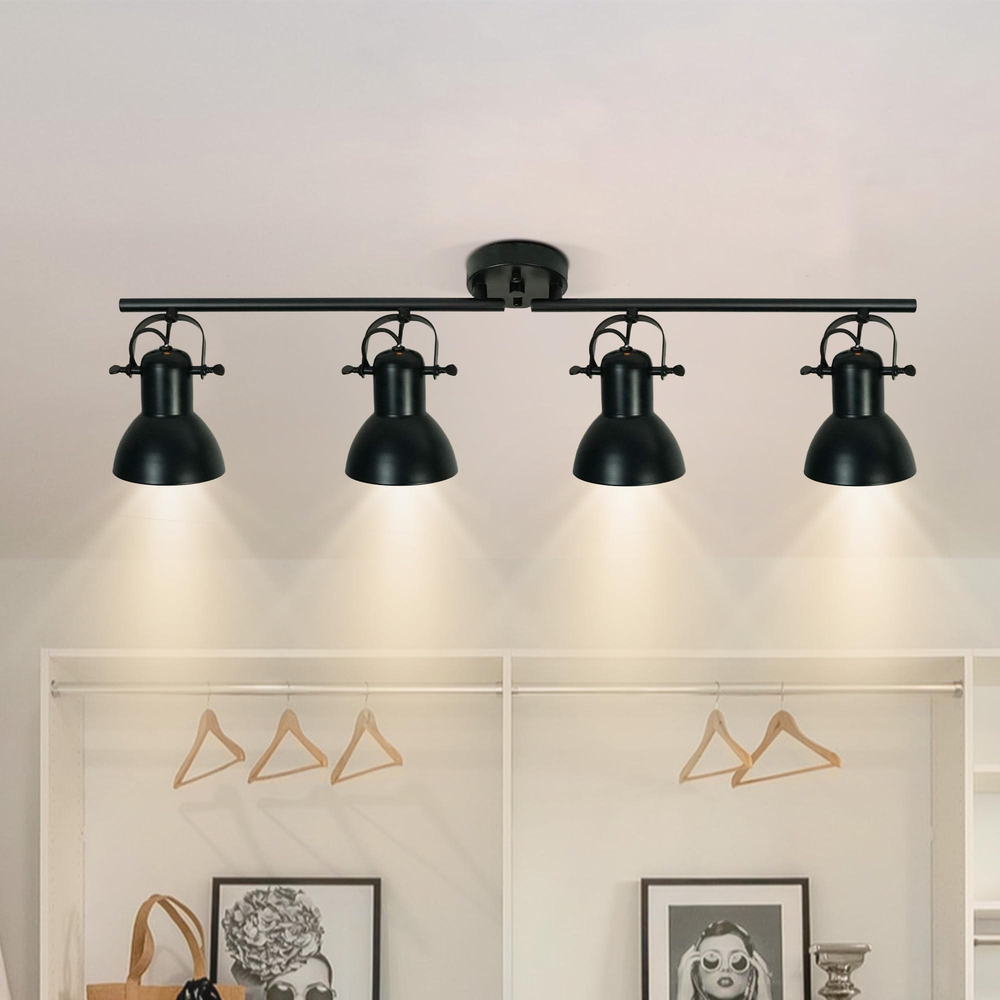Black Adjustable Track Lighting Kit - 4 Light Ceiling Fixture for Kitchen, Living Room, Office & Commercial Spaces | Dimmable Industrial Lighting for Galleries, Malls & Billiard Tables | Easy Angle Adjustment & Modern Design
