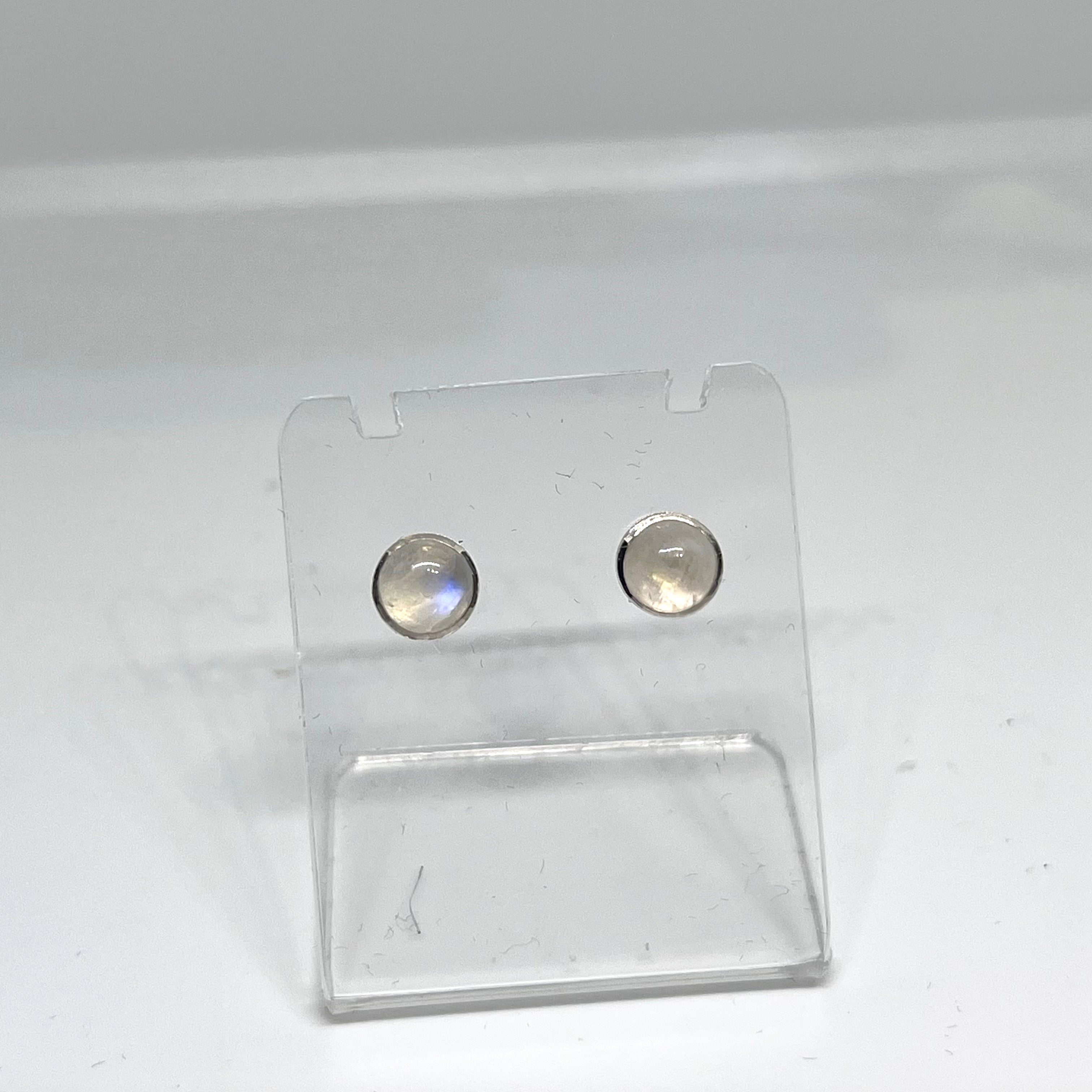 5.5mm Moonstone Stud Earrings - High Grade Round Cabochon Bezel Set Jewelry (PSE021) - Perfect for Weddings, Parties & Everyday Wear
