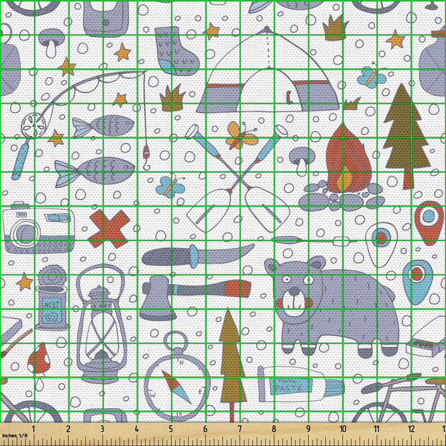 Lunarable Camping Fabric by The Yard - Cartoon Bear Tent & Compass Outdoor Hobby Print for DIY Upholstery, Home Decor (10 Yards, Vermilion Bluegrey) - Perfect for Backpacking Gear, Picnic Blankets & Nursery Curtains