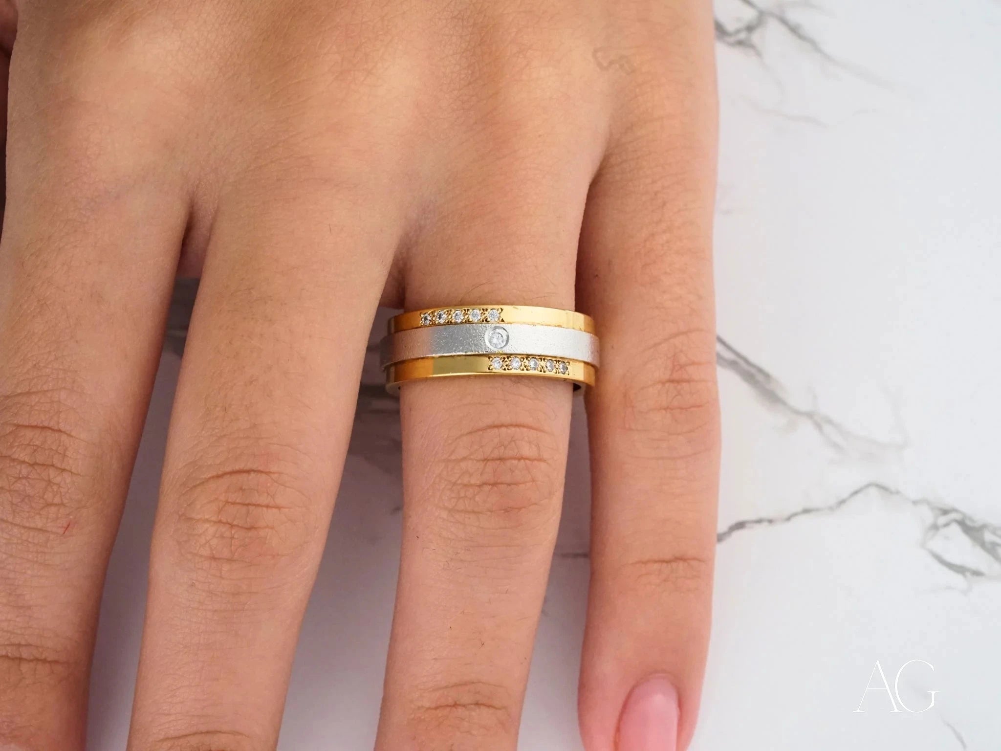 Celestial Grace Two-Tone Gold Wedding Band - Elegant 14K Rose & White Gold Ring for Women, Perfect for Engagement, Anniversary & Bridal Jewelry Gifts
