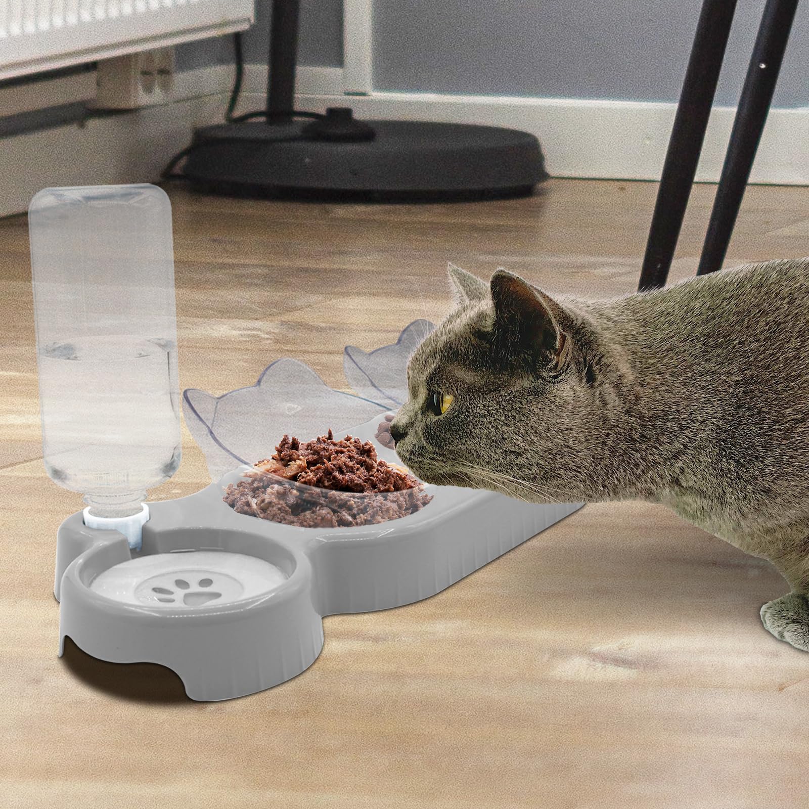 **Triple Cat Bowls with 15° Tilt - 3-in-1 Elevated Pet Feeder for Cats & Puppies | Whisker-Friendly Wet & Dry Food Bowls with Automatic Water Bottle | Perfect for Small Pets, Home & Travel Use (Lead White)**