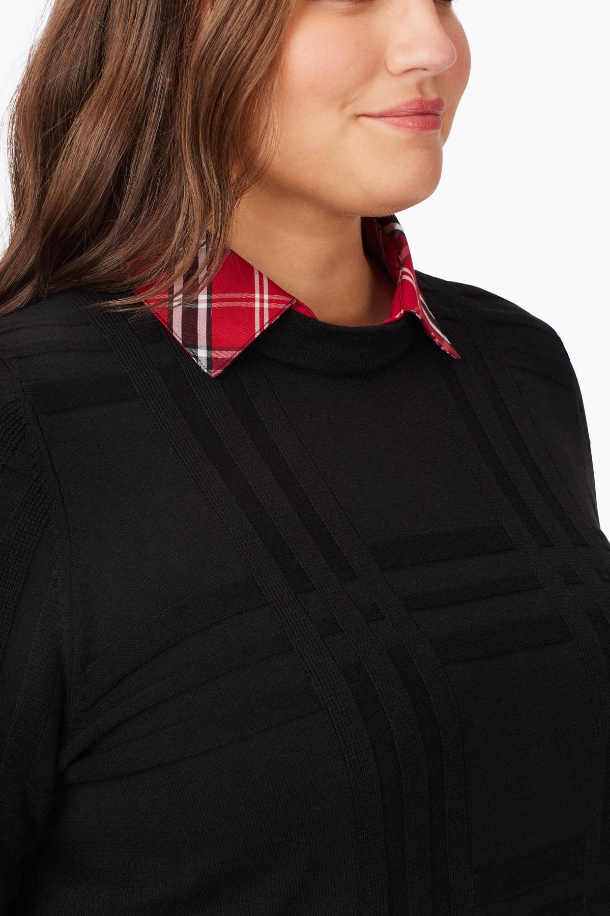 Women's Plus Size Layered Tartan Long Sleeve Sweater - Cozy Fall & Winter Knit Pullover for Casual Outfits and Holiday Gatherings
