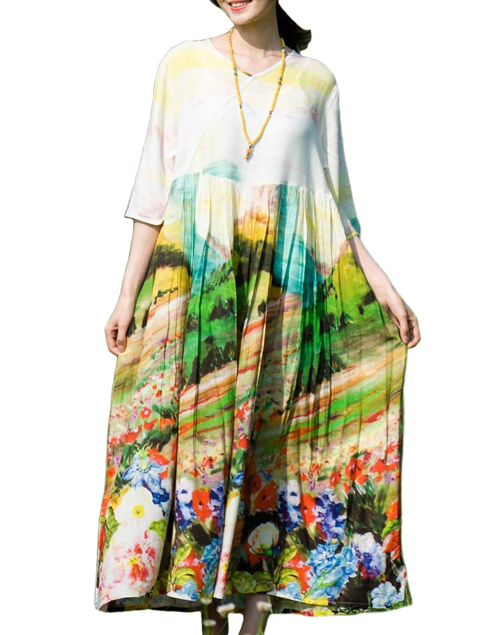 Vintage Floral Maxi Dress for Women - Short Sleeve Cotton Linen Kaftan Dress with Pockets (32413 Floral, Size L) | Perfect for Beach Vacation, Summer Outing and Boho Chic Style