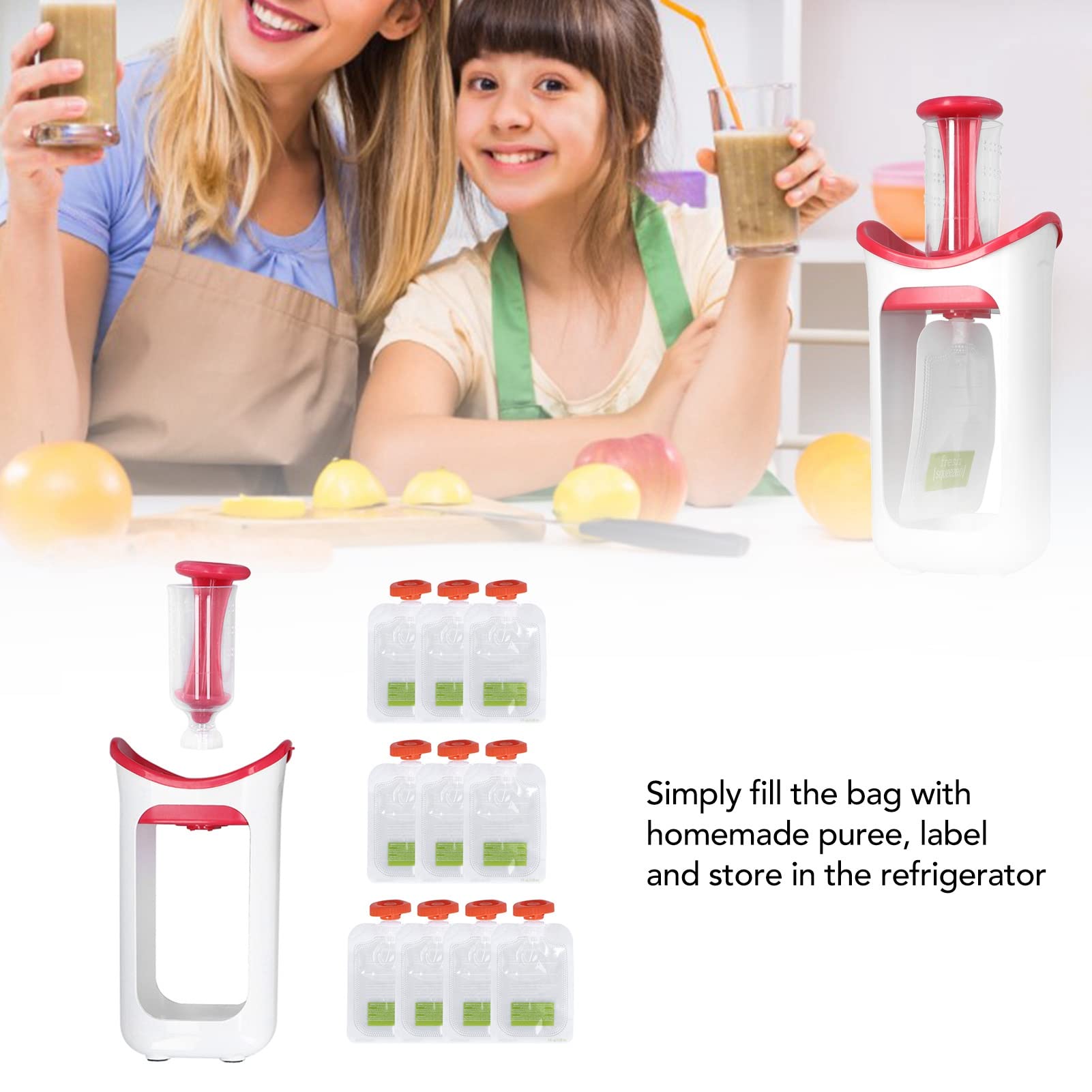 Reusable Baby Food Pouch Filler Station - Homemade Fruit Puree & Juice Squeezer with 10 BPA-Free Squeeze Bags for Infants & Toddlers (Red) | Perfect for Meal Prep, On-the-Go Snacks & Daycare Lunches