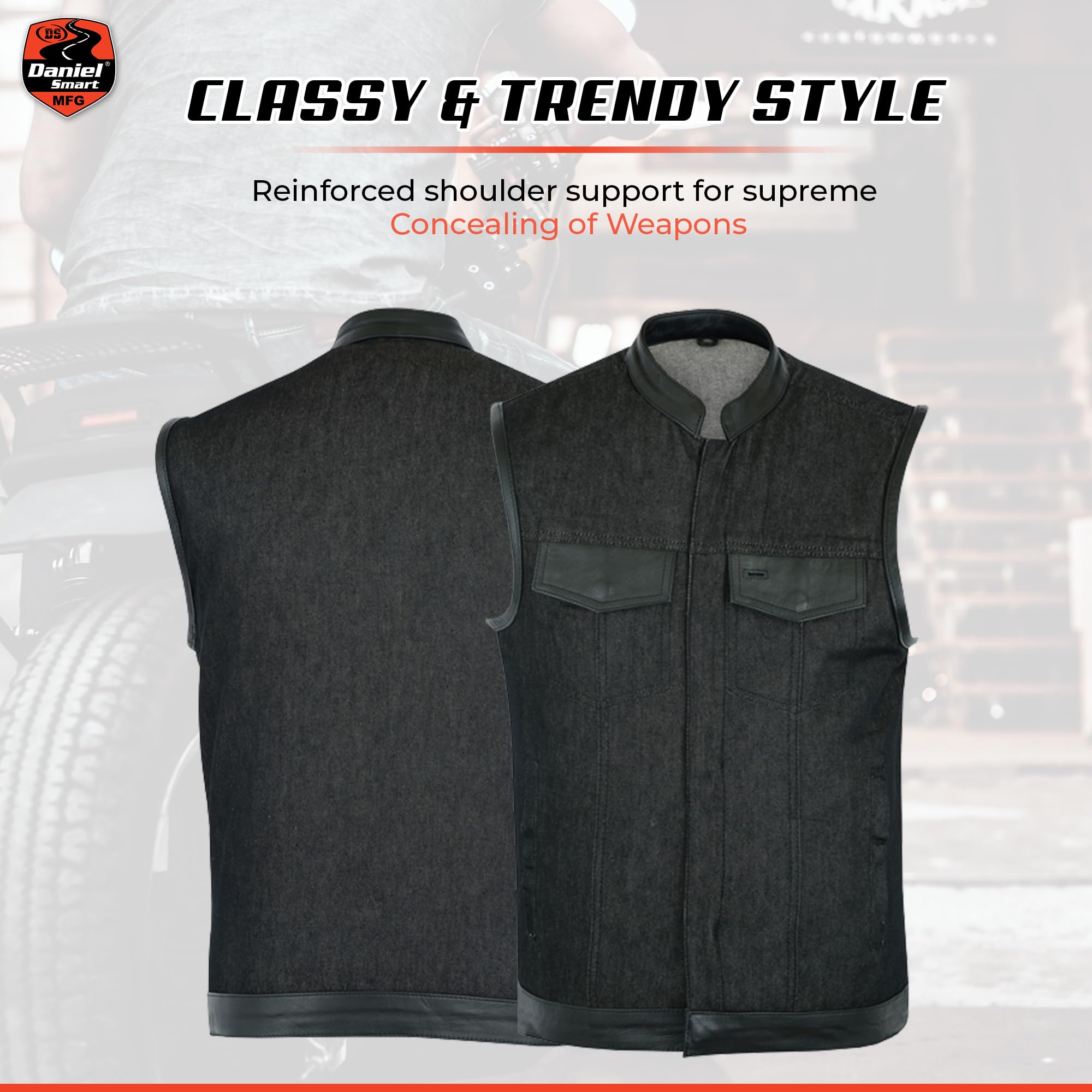 Daniel Smart Biker Vest for Men - Black Denim Motorcycle Vest with Leather Trim & Hidden Weapon Pocket | Perfect for Riding, Outdoor Adventures & Concealed Carry