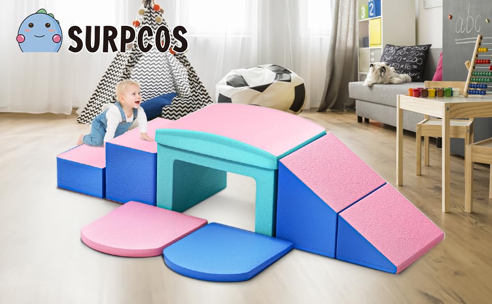 SURPCOS 6-Piece Soft Foam Climbing Set for Toddlers 1-3 Years - Indoor Play Gym with Slide, Stairs & Ramp - Safe Crawl & Climb Activity Toys for Kids (Pink) | Perfect for Home Playrooms, Daycare Centers & Preschool Motor Skill Development