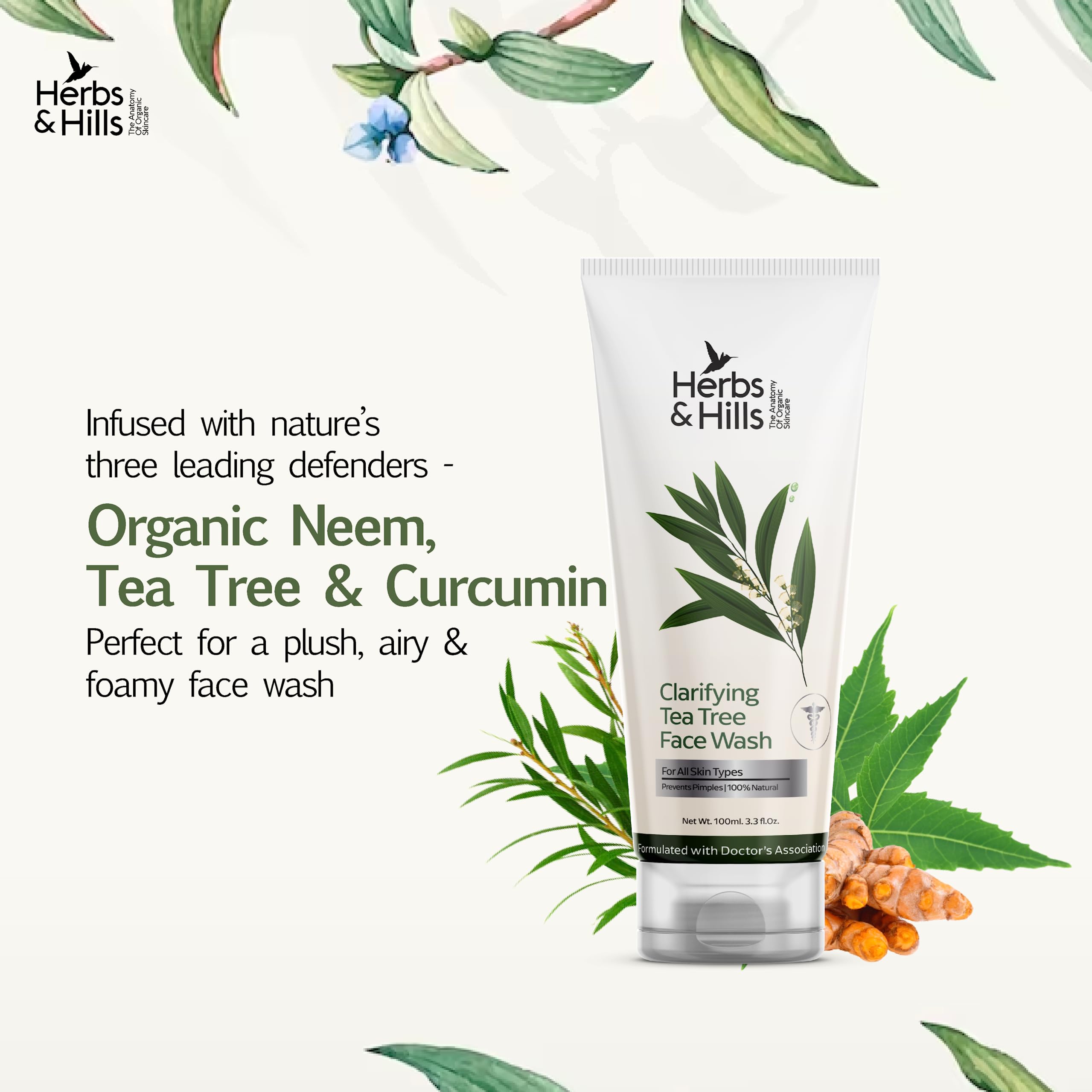 Herbs & Hills Clarifying Tea Tree Face Wash 100ml - Organic & Natural Anti-Acne Cleanser for Oily Skin | Helps Clear Excess Oil, Remove Impurities & Prevent Breakouts | Soothes Skin Irritation | Perfect for Daily Skincare Routine & Acne-Prone Skin Care