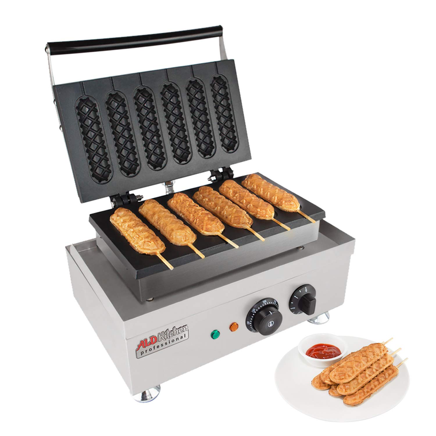 ALDKitchen 110V Commercial Waffle on a Stick Maker - 4 Stainless Steel Sticks for Ice Cream, Desserts & Party Snacks - Perfect for Food Trucks, Cafes & Home Use