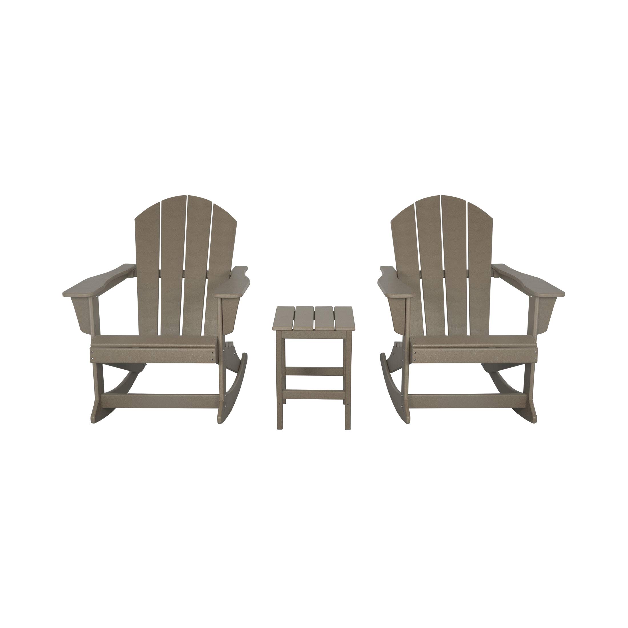 WO Home Furniture 3-Piece Patio Rocking Chair Set - Classic Outdoor Adirondack Rocker Chairs & Side Table in Weathered Wood Finish | Perfect for Porch, Garden, Backyard & Poolside Relaxation