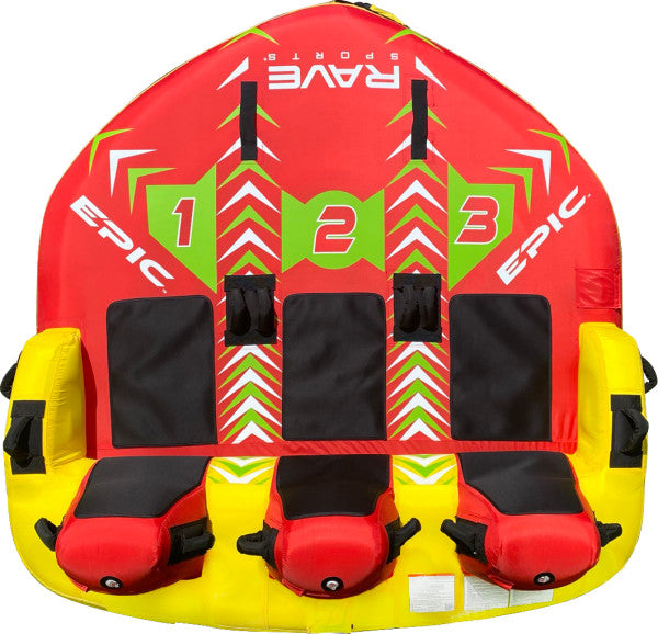 Rave Sports Epic 3 Rider Towable Tube - Heavy Duty Inflatable Water Tube for Boating, Lakes & Beach Fun - Perfect for Family & Friends Water Sports Activities