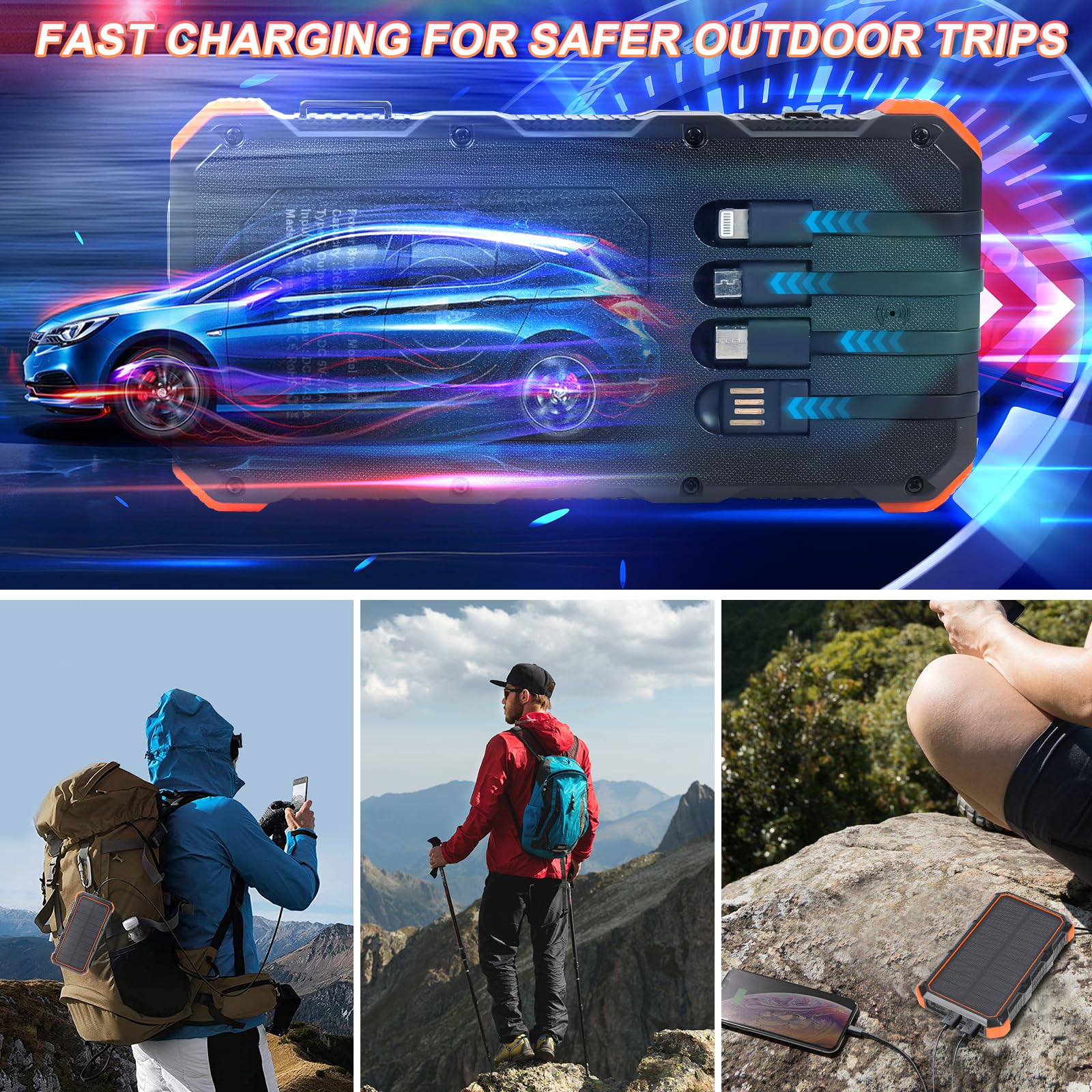 26800mAh Solar Power Bank with 15W Fast Charging & 4 Outputs - Portable External Battery for Smartphones, Tablets, Camping, Hiking & Outdoor Adventures (Orange)