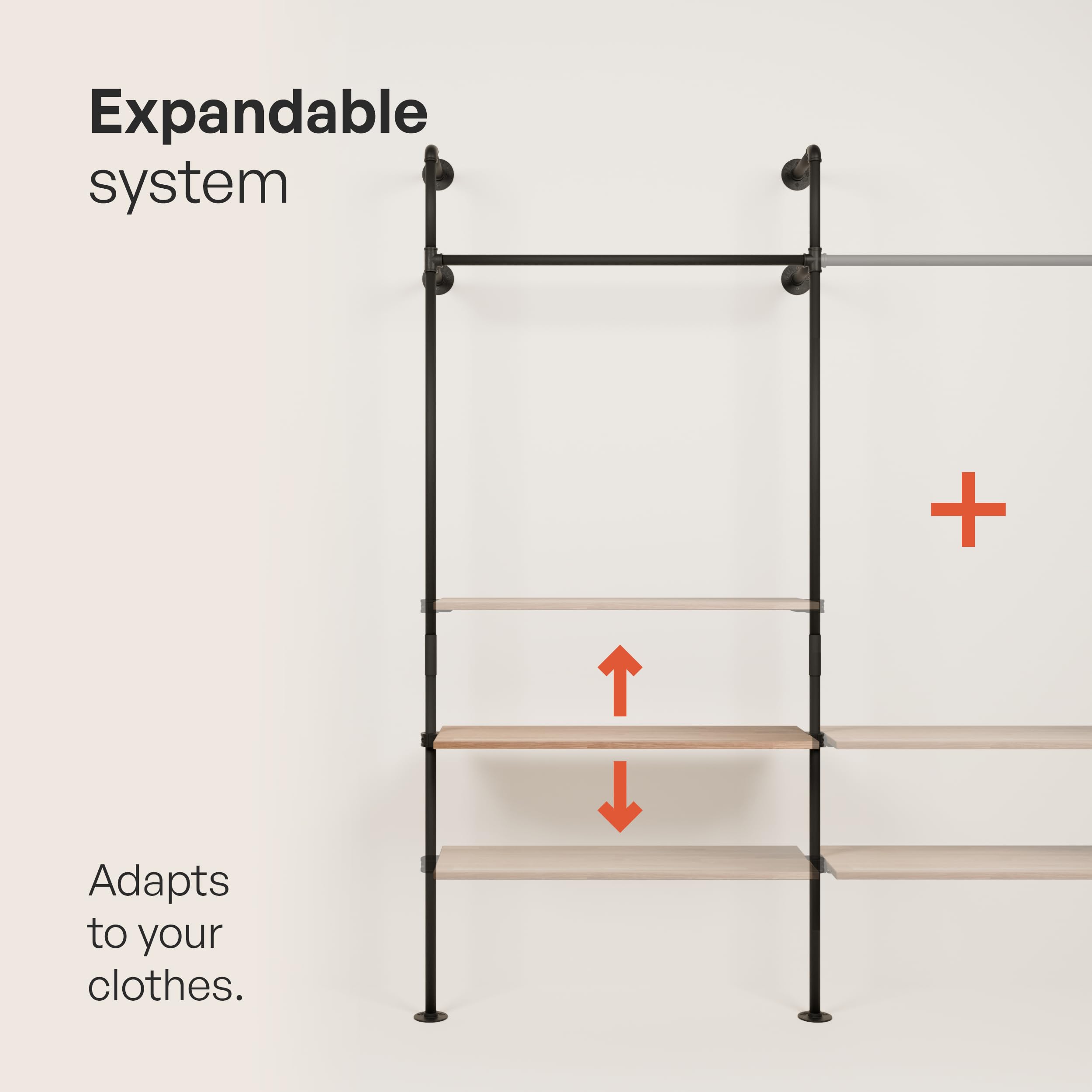Heavy Duty Wall Mounted Industrial Pipe Clothing Rack with Wooden Shelf - 700 lbs Capacity Walk-In Closet Organizer for Bedroom, Laundry Room & Commercial Use