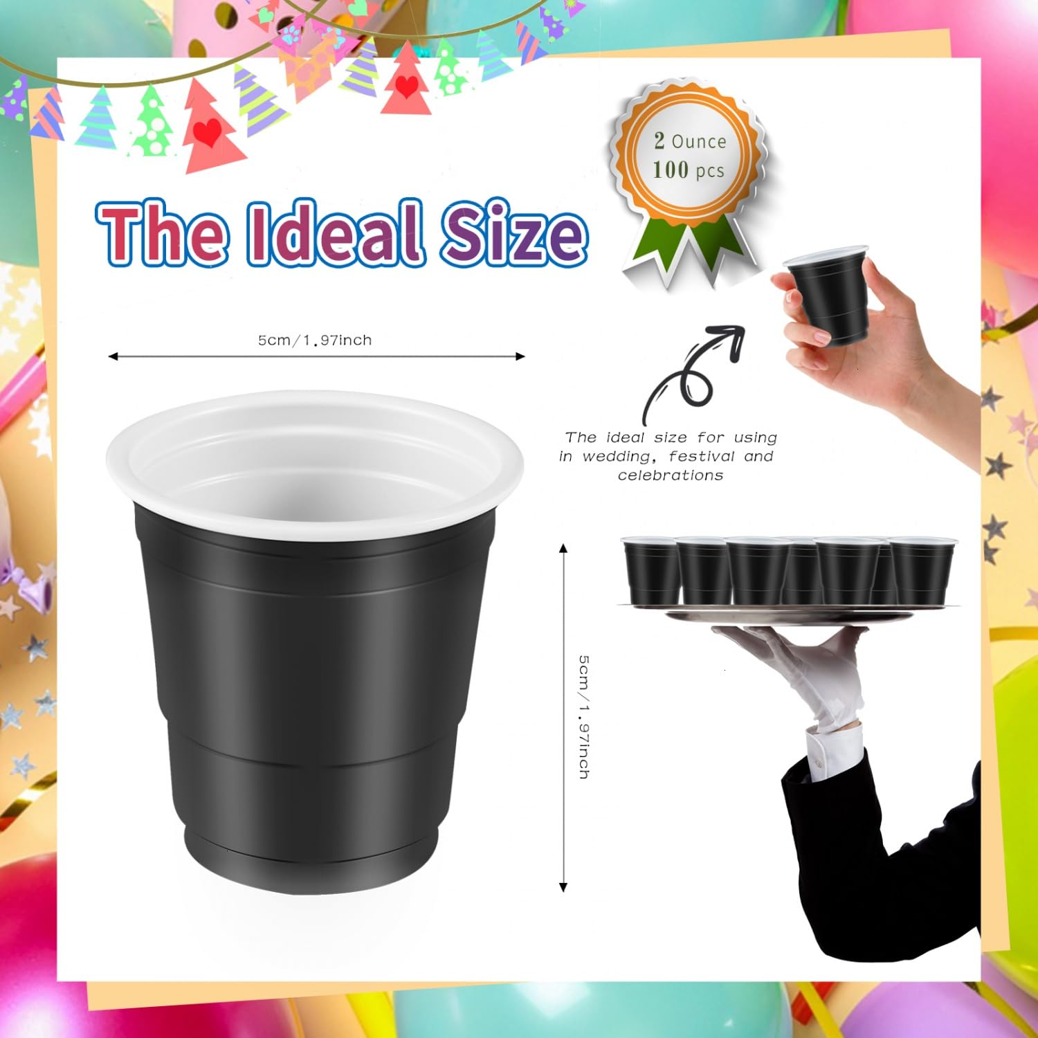 100 Pack 2 oz Disposable Plastic Shot Cups - Mini Party Shot Glasses for Jello Shots, Beer Tasting, Wedding Favors & Snacks - Perfect for Cocktail Parties, Bar Events & Home Entertaining (Black)