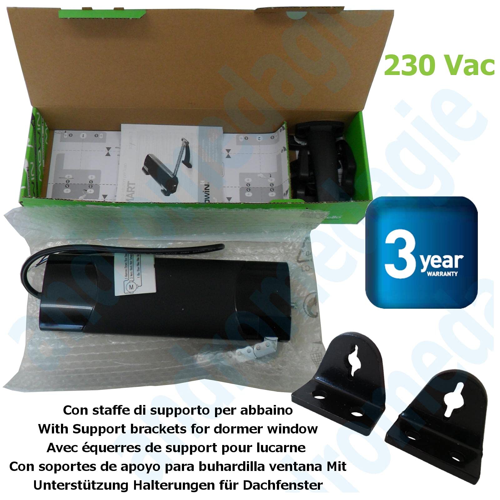Smart 230V Black Electromechanical Chain Actuator with Mounting Brackets for Skylight, Dome & Shed Windows - Perfect for Home Automation & Smart Roof Ventilation Control