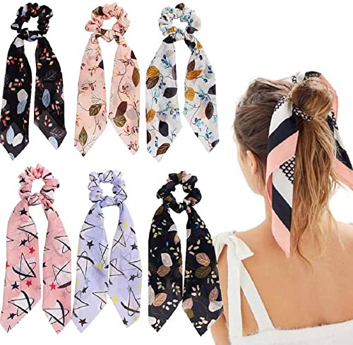 HOMEPIC 12 Pcs Floral Chiffon Hair Scarves & Scrunchies Set - Soft Ponytail Scarf Ribbons for Women & Girls (Multicolor) | Perfect for Everyday Wear, Parties & Gifts