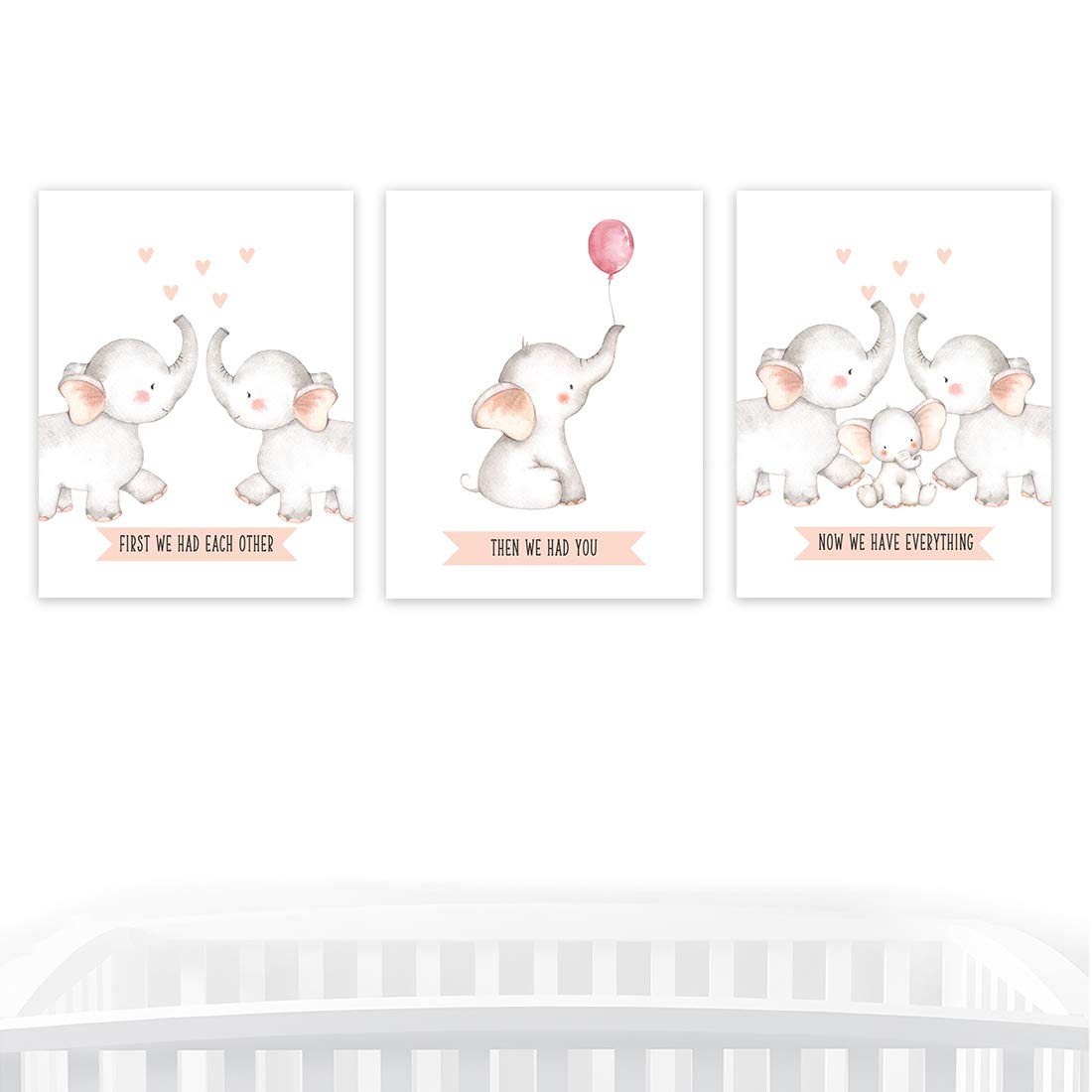 Kids Room Wall Art Decor - 3-Pack Unframed Nursery Posters (8.5x11 Inch) with Girl Elephant Graphic & Inspirational Quote 'First We Had Each Other Then You Now We Have Everything' - Perfect for Baby Shower Gifts, Children's Bedroom Decor & Playroom Wall Decor