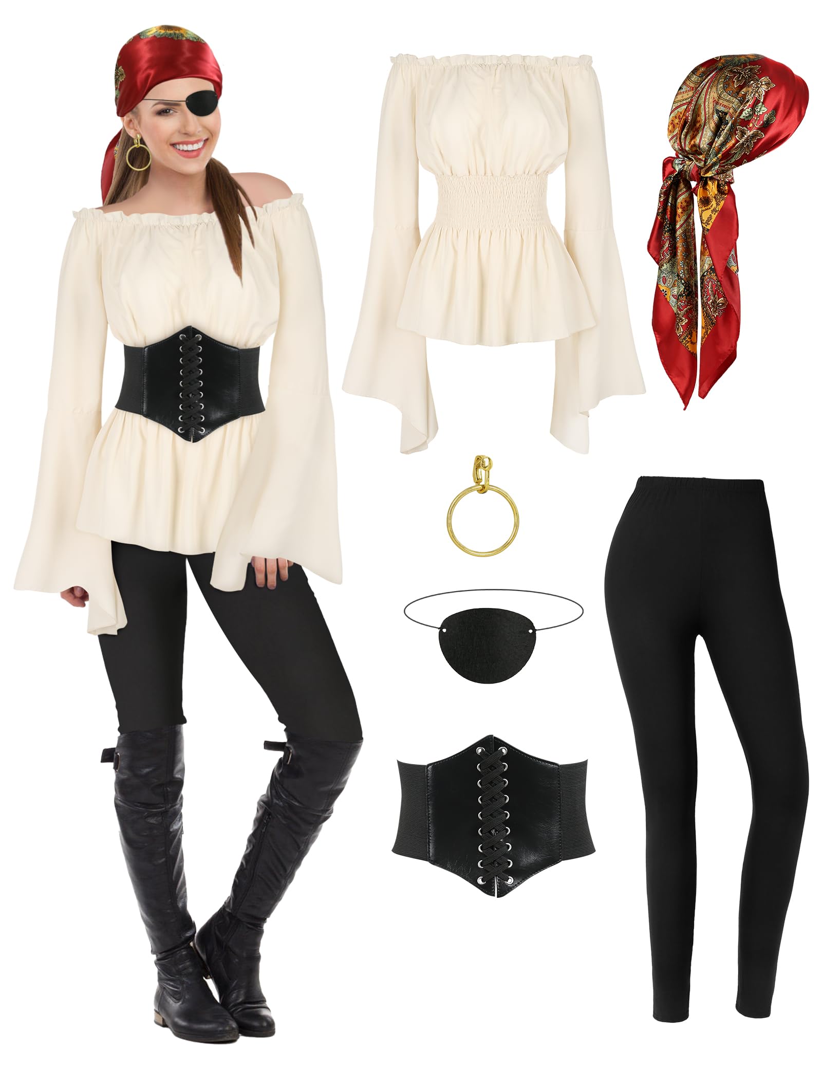 Pirate Costume for Women - Renaissance Blouse, Belt & Headscarf Set | Halloween, Cosplay & Renaissance Fair Outfit