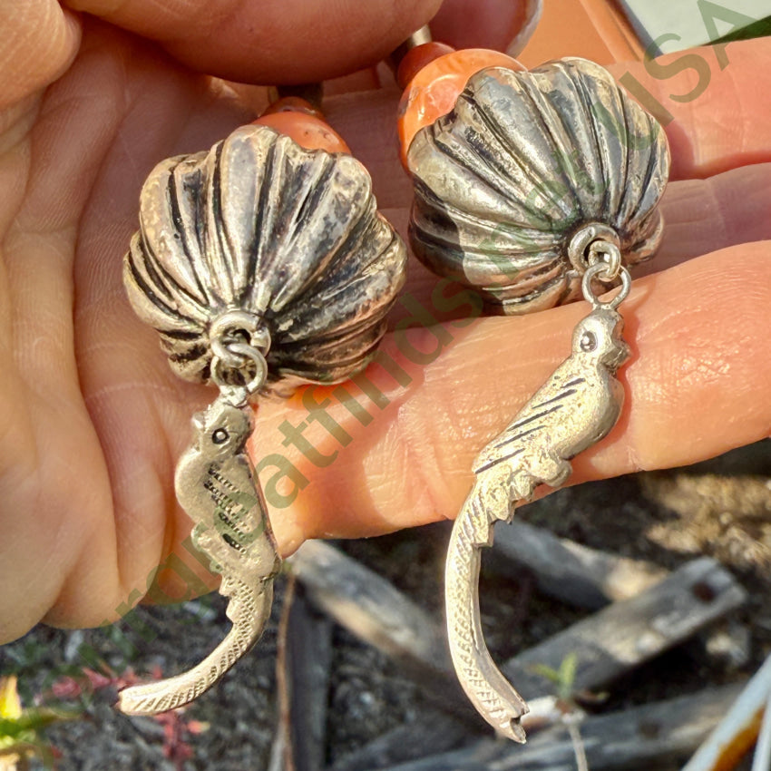 Vintage Mexican Shoulder Duster Earrings - Sterling Silver & Coral Handmade Jewelry - Boho Chic Accessories for Women - Perfect for Parties, Weddings & Special Occasions