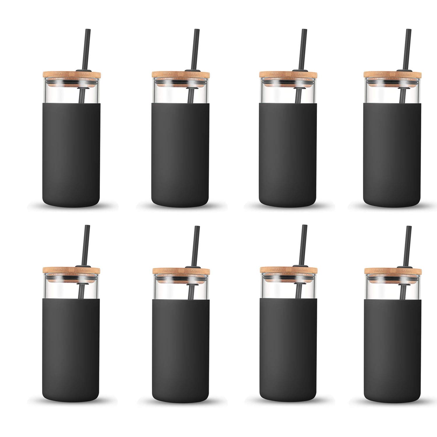 20 oz Glass Tumbler with Bamboo Lid & Silicone Sleeve - BPA Free, Reusable Water Bottle with Straw - 8 Pack Black - Perfect for Home, Office, Gym, and Outdoor Activities