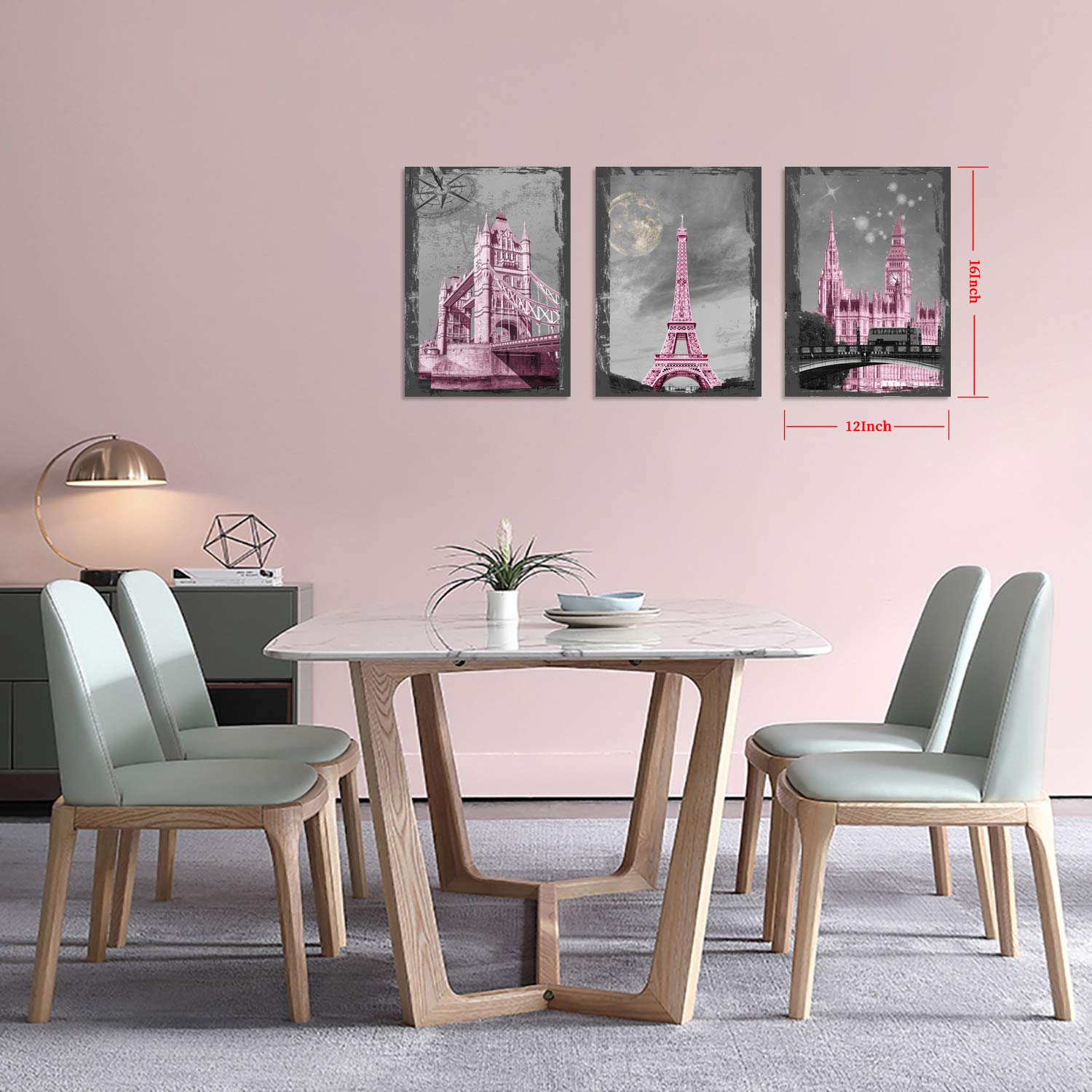 YUANAND Eiffel Tower Wall Decor - Pink Paris Canvas Art for Girls' Room - Framed Bedroom Posters & Paintings - Perfect for Kids' Bedroom, Nursery, and Teen Room Decor
