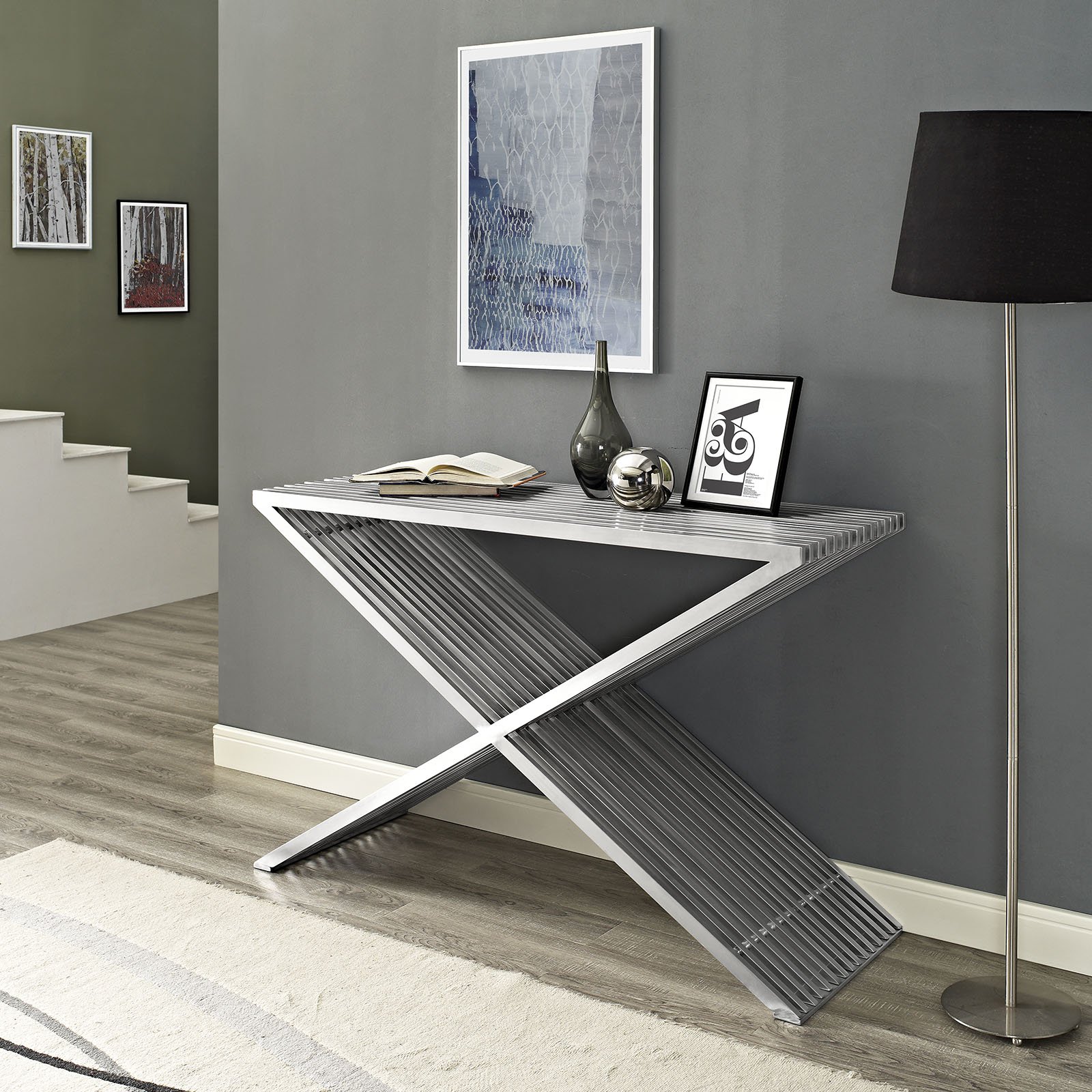 Modway Press Contemporary Modern Stainless Steel Console Table - Silver Finish Entryway Sofa Table for Living Room, Hallway & Office Decor