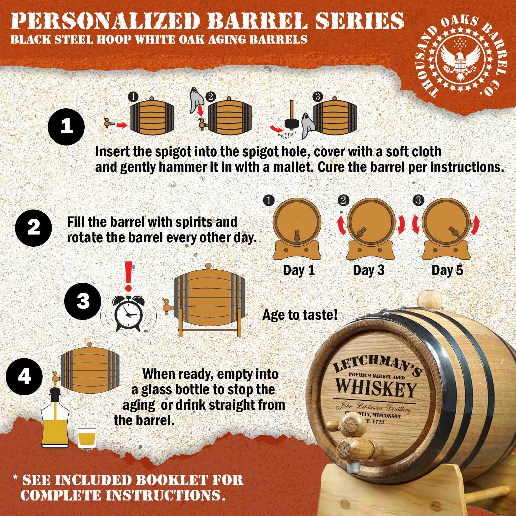 Personalized 10 Liter (2.5 Gallon) American Oak Whiskey Aging Barrel with Stand, Bung & Spigot - Perfect for Aging Bourbon, Rum, Tequila, Wine & Craft Cocktails | Engraved Custom Whiskey Barrel Design | Home Bar, Man Cave & Distillery Use