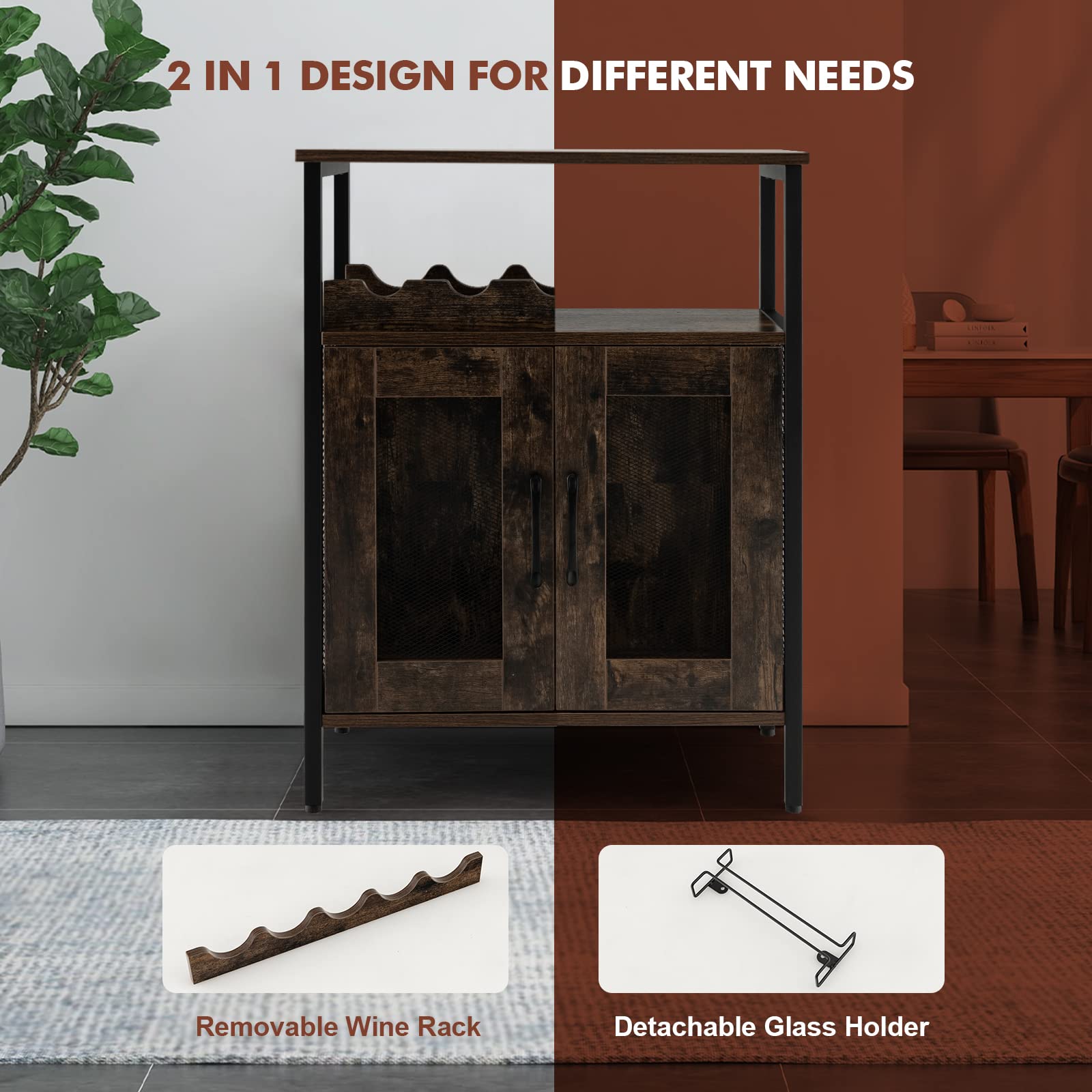 Industrial Wine Bar Cabinet with Detachable Rack & Glass Holder - Metal Mesh Door Coffee Bar Sideboard for Kitchen, Living Room | Perfect for Entertaining, Dining Storage & Home Decor